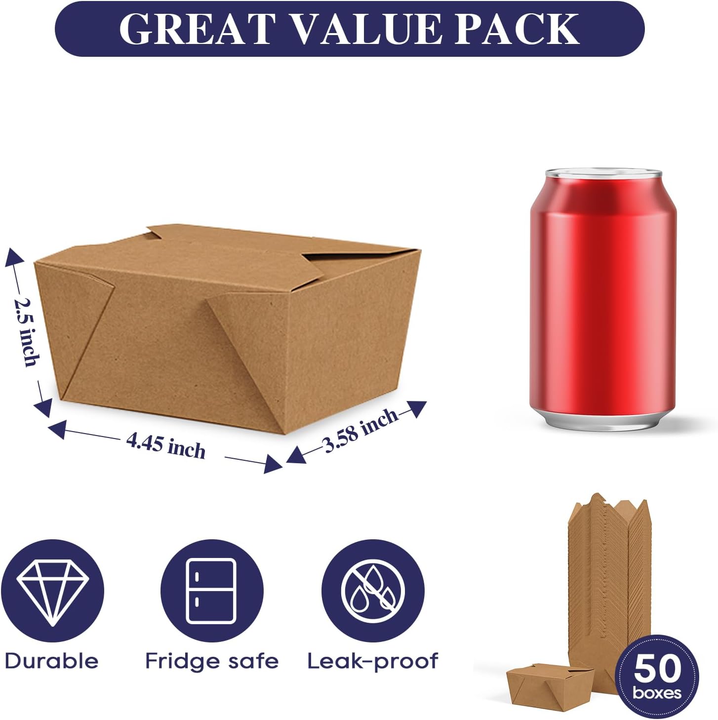 50 Pack 27 oz Take Out Food Containers, Kraft Brown Take Out Boxes Leak Grease Resistant and Stackable for Restaurants, Homes, Offices, Picnics - Image 2