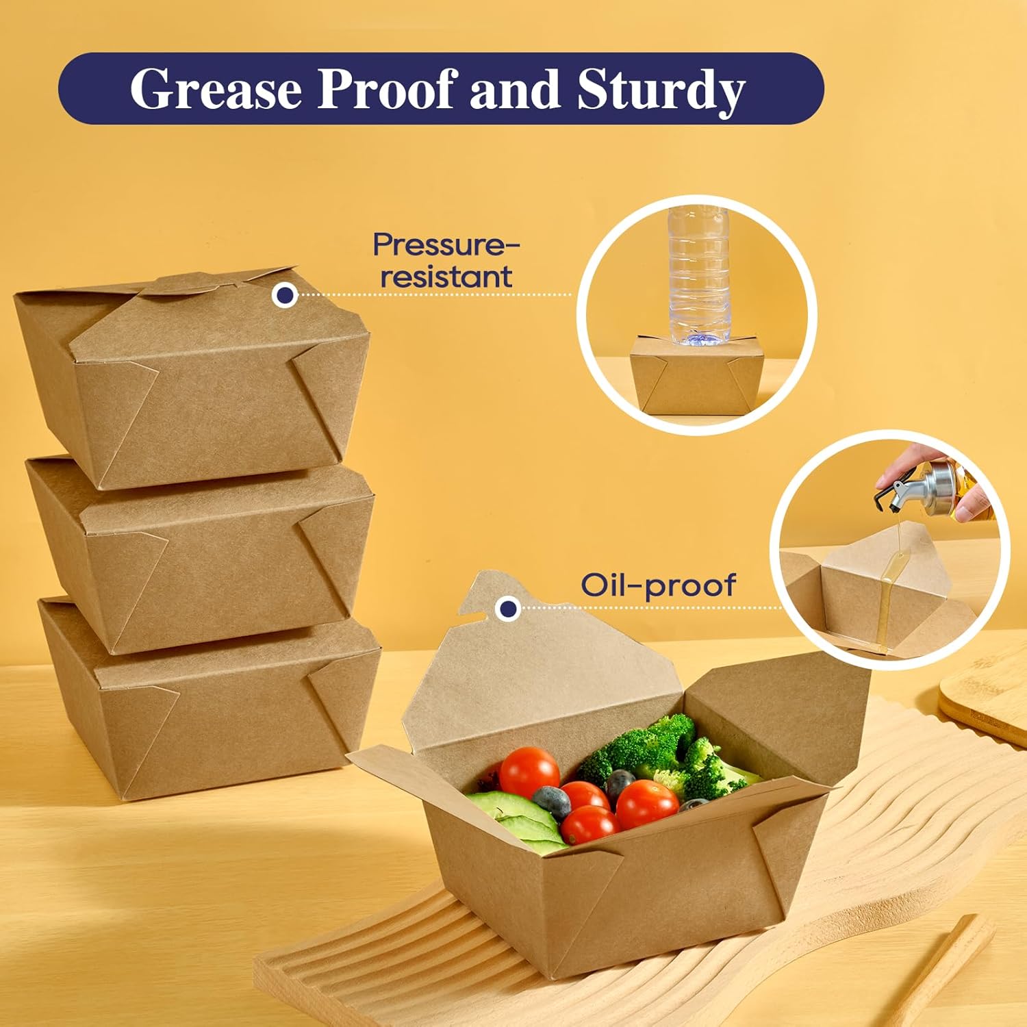 50 Pack 27 oz Take Out Food Containers, Kraft Brown Take Out Boxes Leak Grease Resistant and Stackable for Restaurants, Homes, Offices, Picnics - Image 3