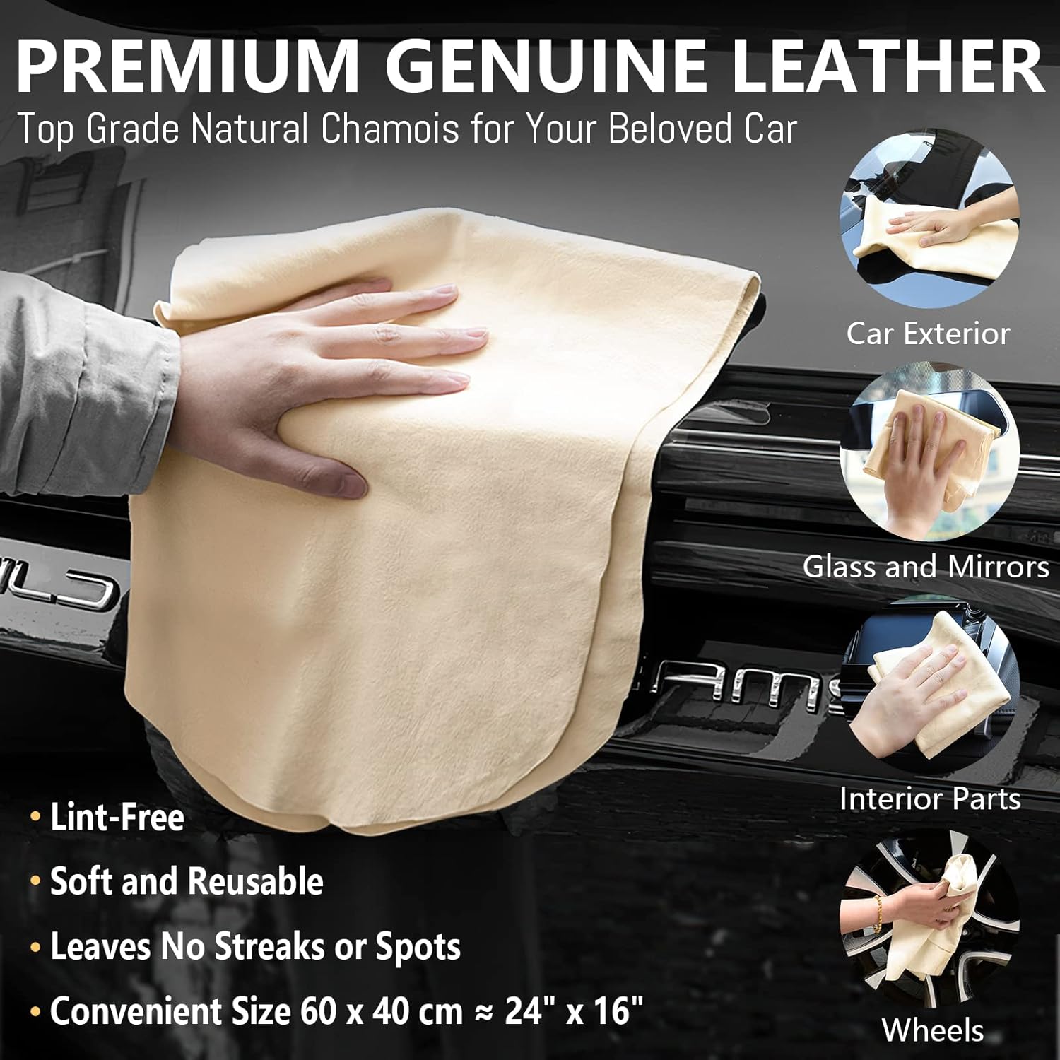 Chamois Cloth for Car 2 Pack Shammy Towel 24'' x 16'' (2.58 sq ft Each) Super Absorbent Car Drying Towel Real Leather Lint Free Streak Free for Car Wash Auto Deng - Image 2