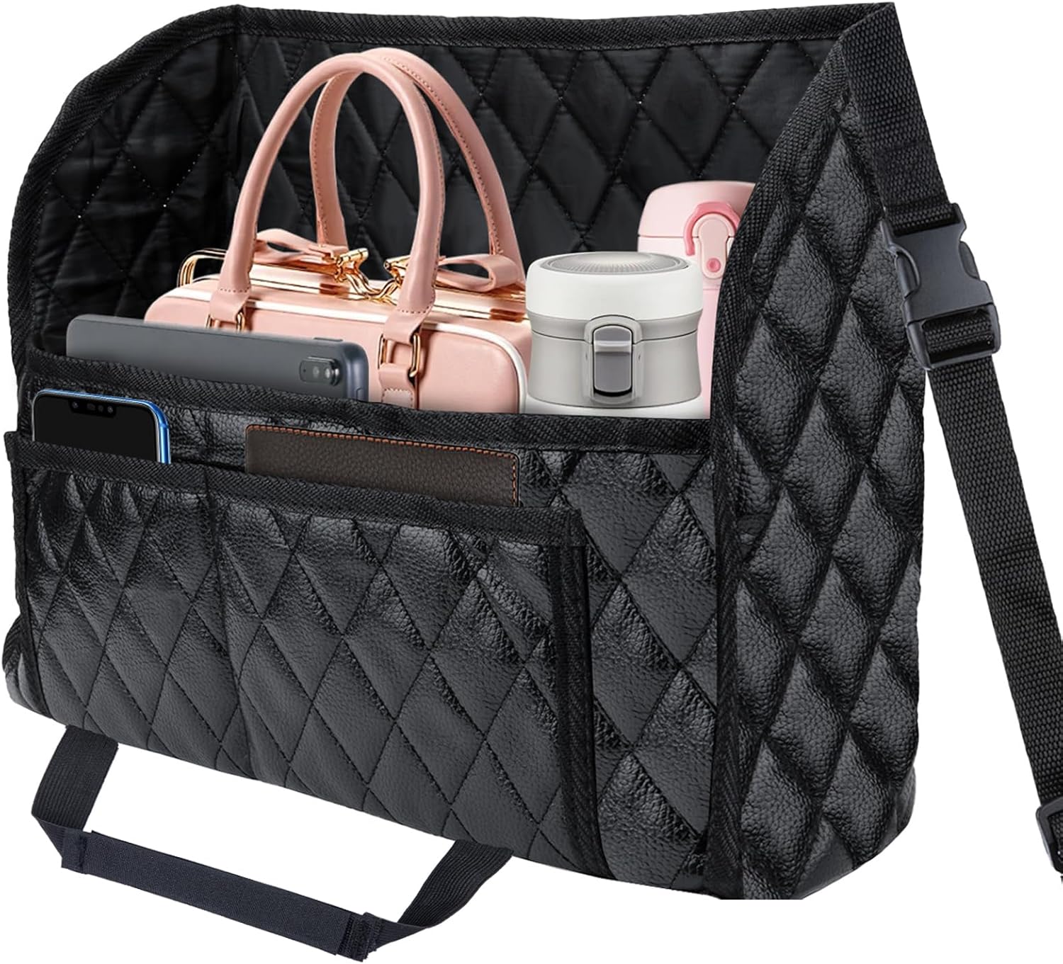 Car Purse Holder Between Seats, Leather Auto Front Seat Handbag Organizer Pocket, Large Capacity Car Net Pocket Handbag Holder, Backseat Barrier Storage Bag Fits for Car, Truck, SUV - Image 1