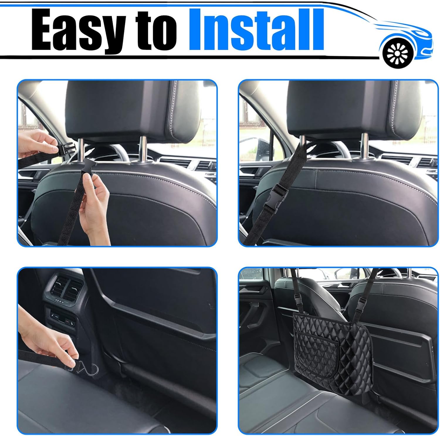 Car Purse Holder Between Seats, Leather Auto Front Seat Handbag Organizer Pocket, Large Capacity Car Net Pocket Handbag Holder, Backseat Barrier Storage Bag Fits for Car, Truck, SUV - Image 4