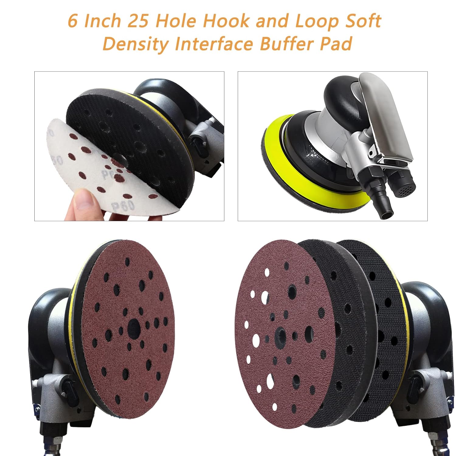 5 Pack Interface Pads, 6 Inch 25 Holes Hook and Loop Soft Density Sponge Cushion Buffer Backing Pad, Foam Sanding Interface Pads for Orbital Sander Automotive Woodworking Polishing - Image 6