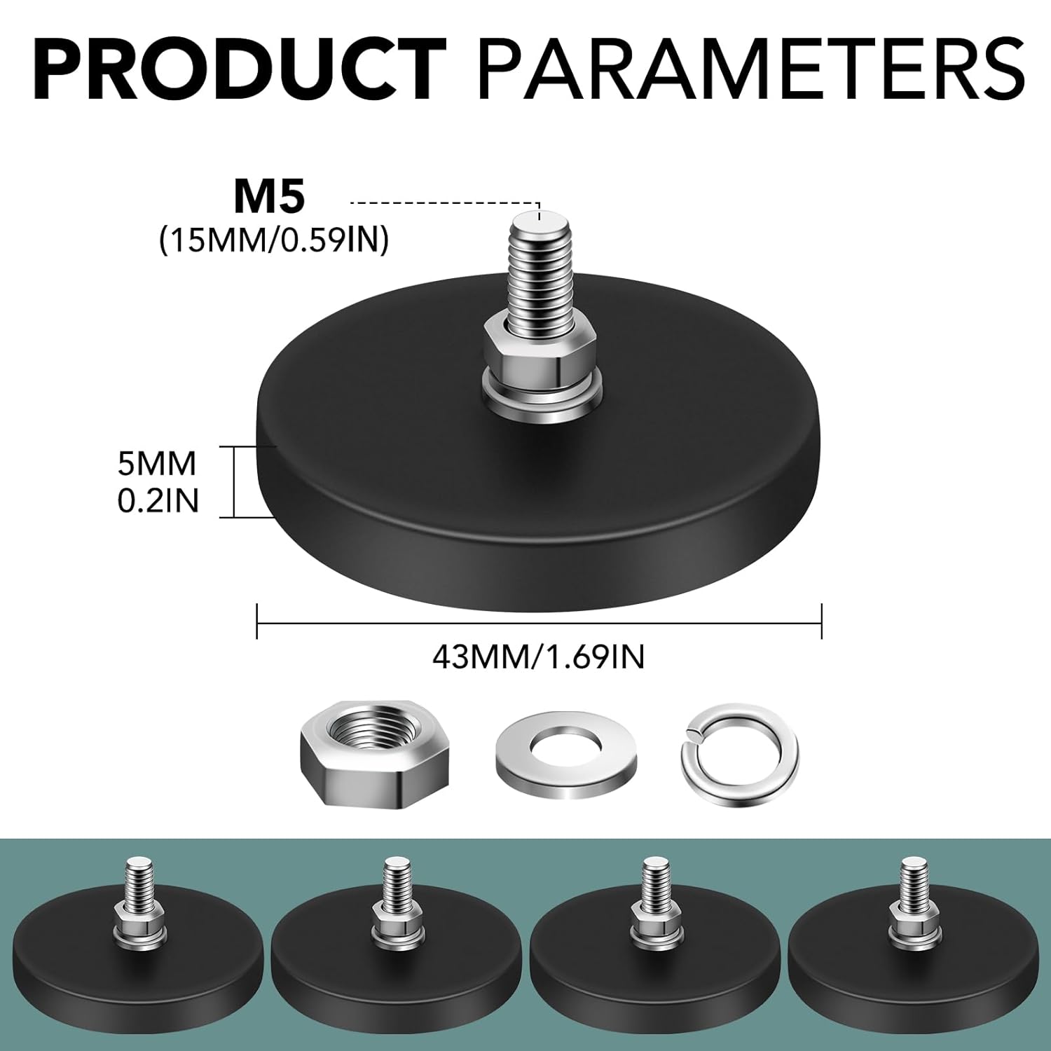 16Pack Rubber Coated Magnets, 30LBS Rubber Coated Neodymium Magnets with M5 Magnetic Assembly Base for Light Bar Mirror Camera Tool(1.69 Inch) - Image 8