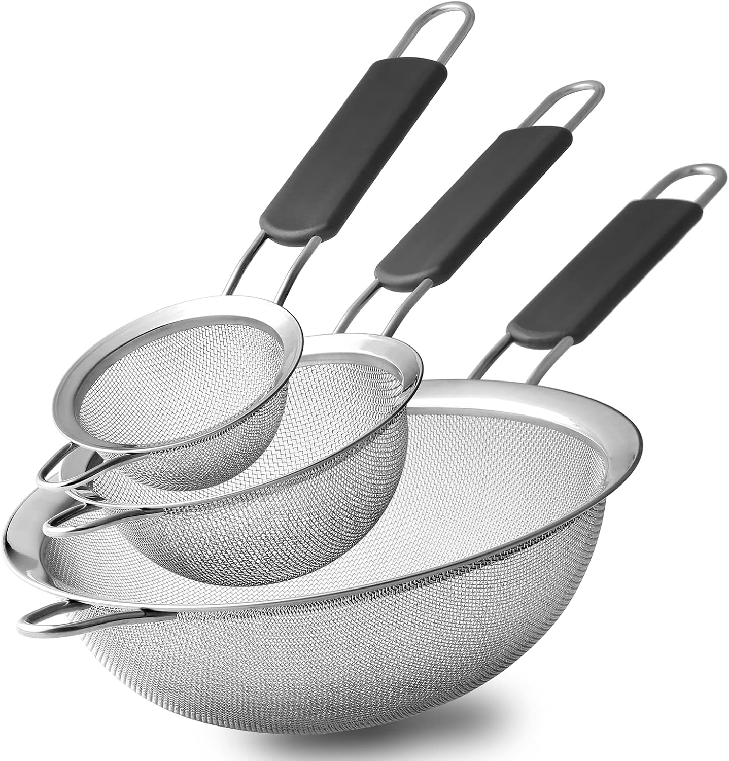 Stainless Steel Fine Mesh Strainers, Set of 3 Sizes Strainer for Kitchen, Wire Sieve with Insulated Handle Kitchen Strainer, Baking Tools Colander, Food Preparation, Flour Sifter, Rice, Pasta Strainer - Image 1