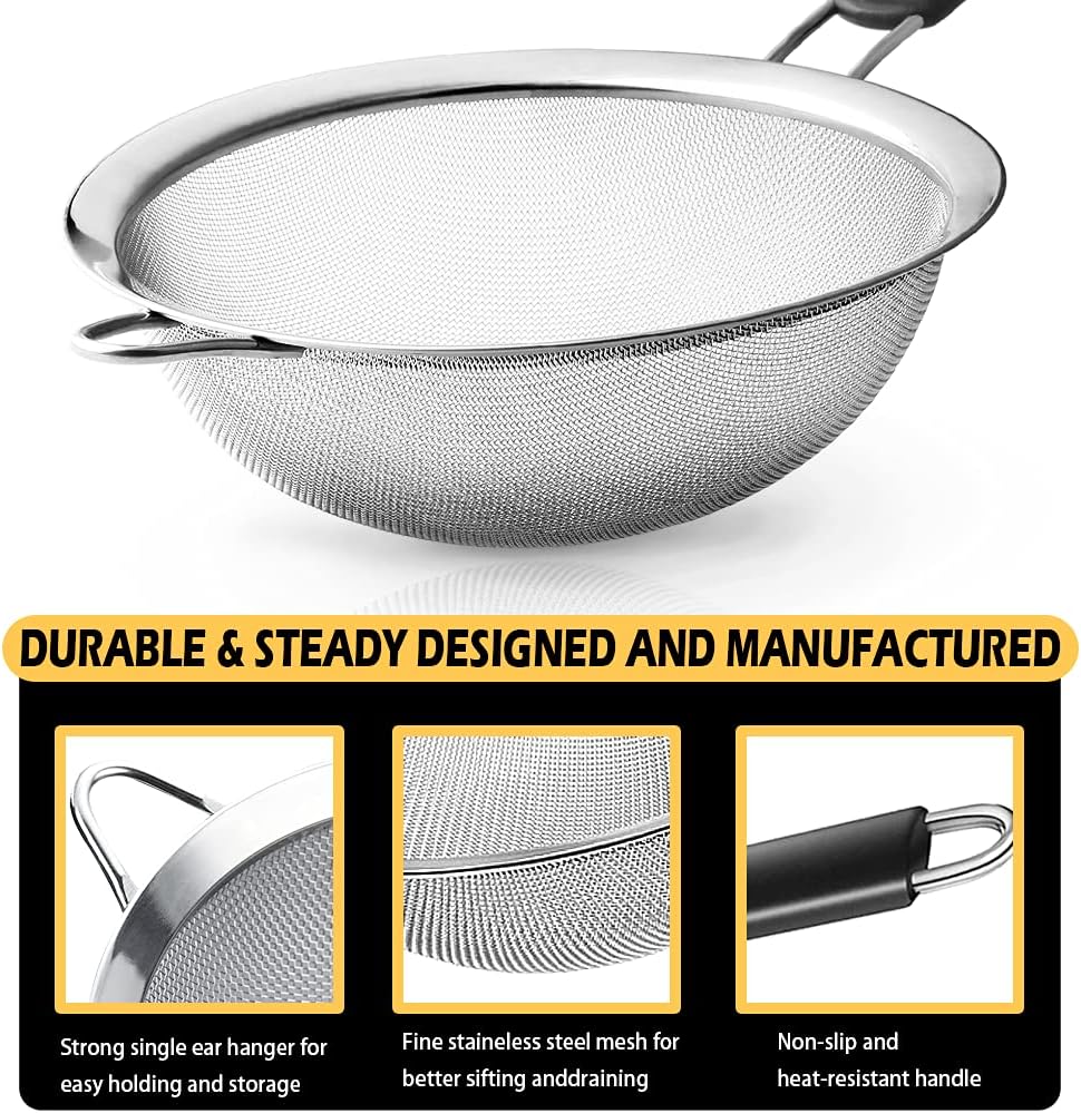 Stainless Steel Fine Mesh Strainers, Set of 3 Sizes Strainer for Kitchen, Wire Sieve with Insulated Handle Kitchen Strainer, Baking Tools Colander, Food Preparation, Flour Sifter, Rice, Pasta Strainer - Image 3