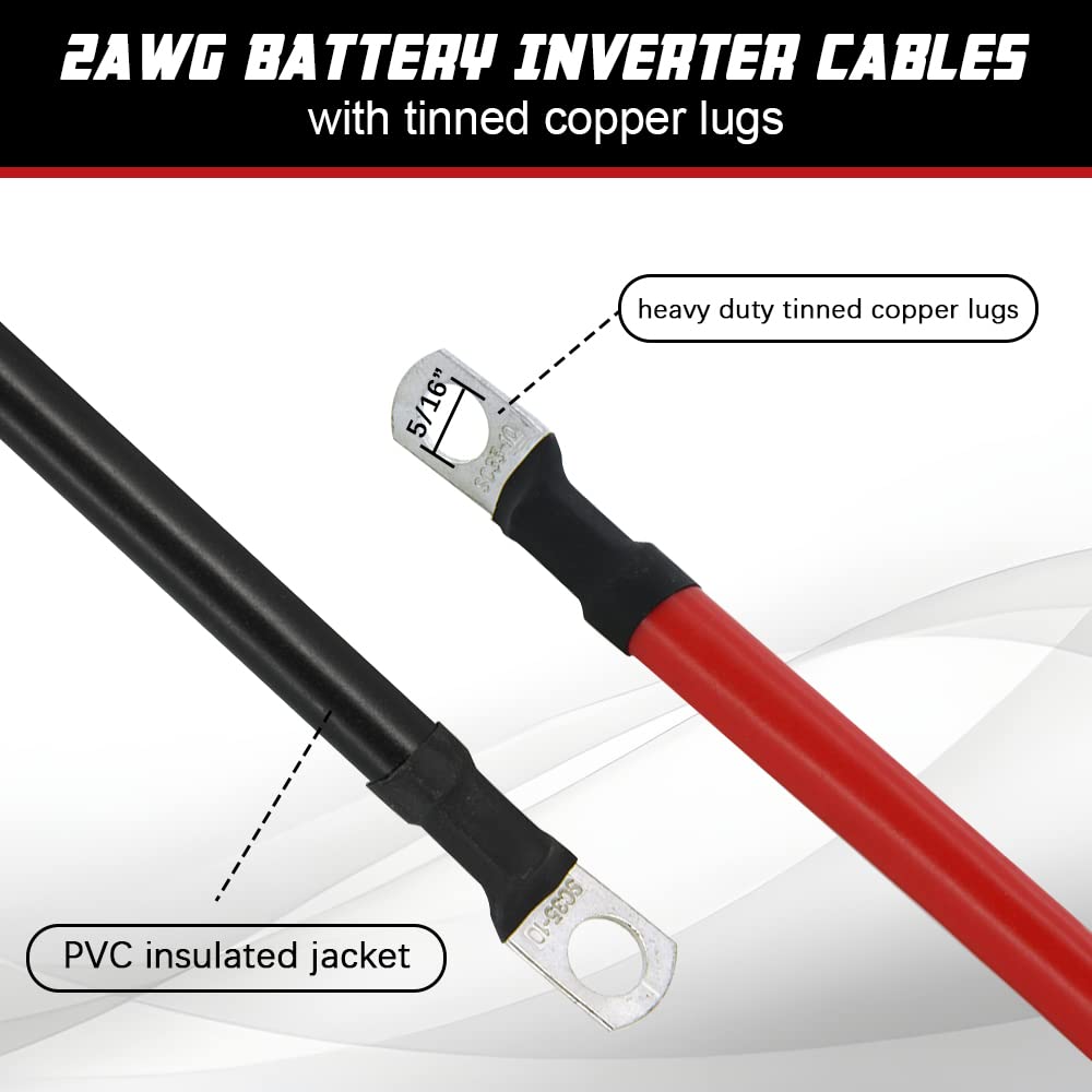2 AWG Battery Cable 2Gauge Pure Copper Battery Inverter Cables with 5/16 in Lugs Both Ends Power Inverter Wire Set for Automotive Solar Power Inverter Marine Boat RV Car Motorcycle (1FT) - Image 3