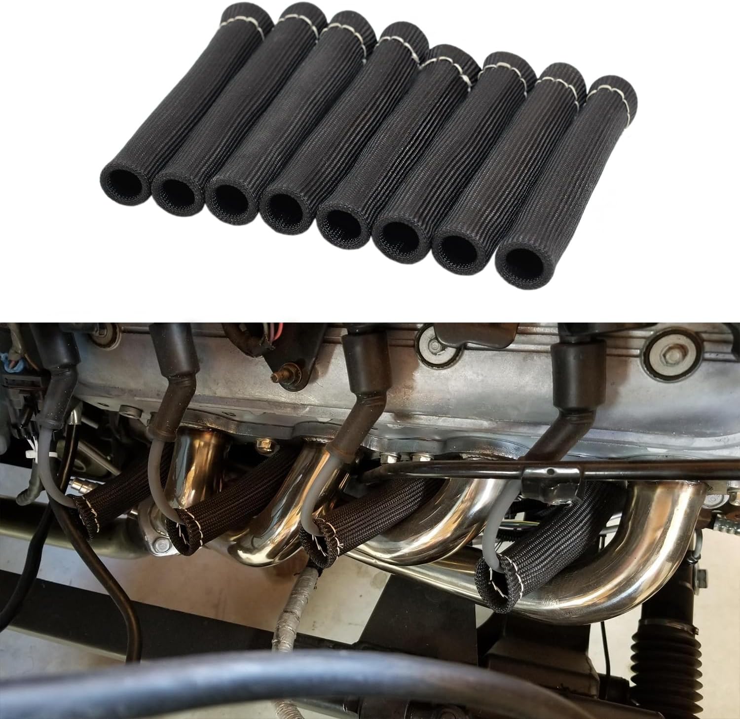8Pcs 2500° Degree Spark Plug Wire Boots Heat Shield Protector Sleeve Cover Compatible with SBC BBC 350 454,6 Inch, Black - Image 4