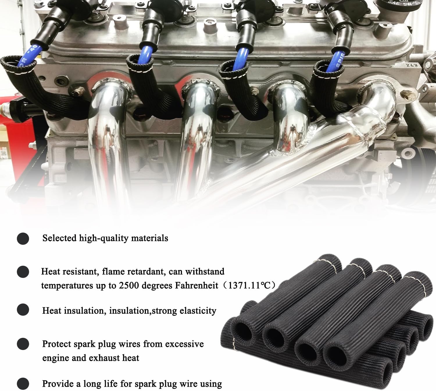 8Pcs 2500° Degree Spark Plug Wire Boots Heat Shield Protector Sleeve Cover Compatible with SBC BBC 350 454,6 Inch, Black - Image 6