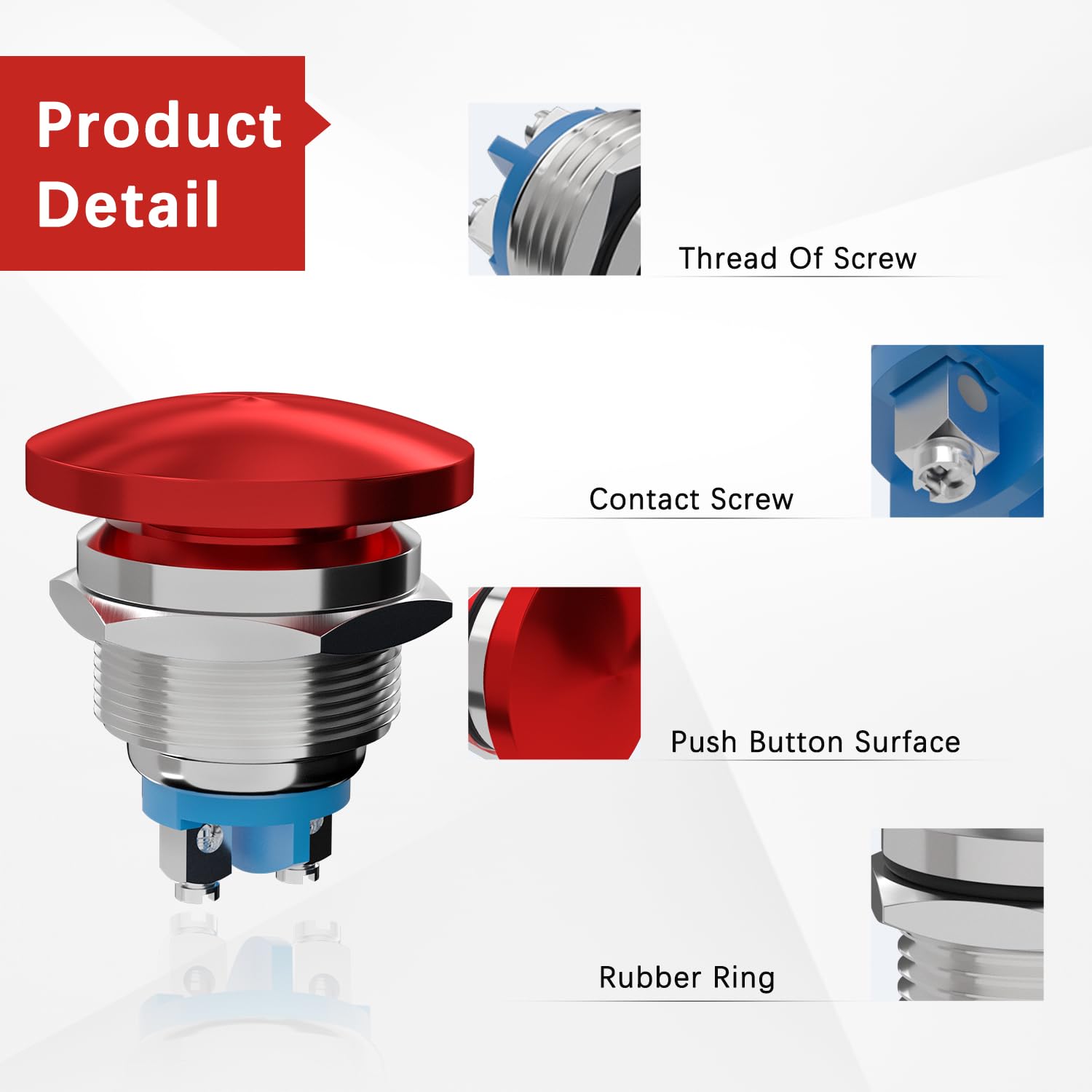 22MM Mushroom Head Push Button Switch Momentary Push Button IP65 Waterproof 12V 24V 36 DC 110V 250V AC 5A SPST(22mm, Red) - Image 4
