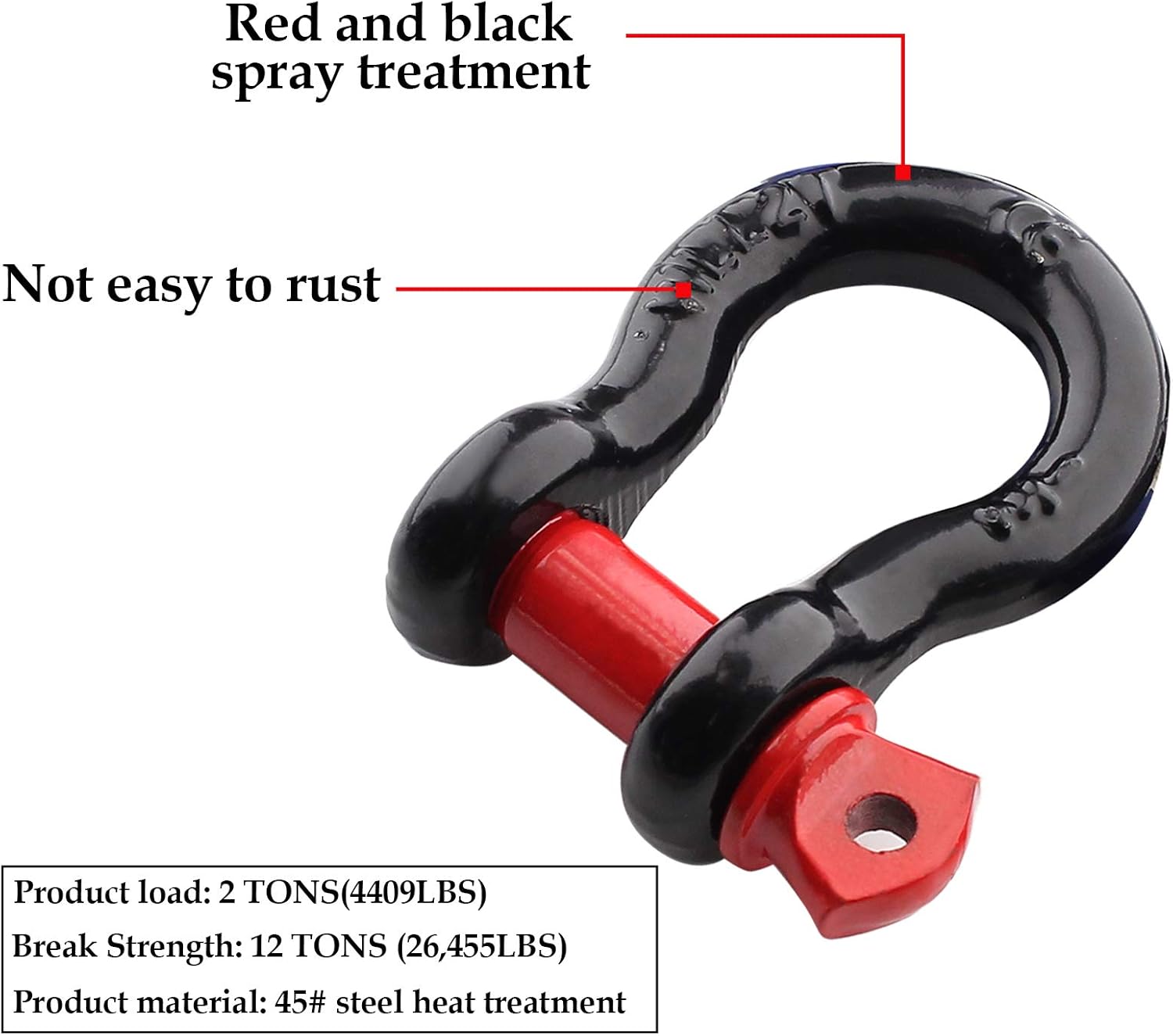 2Pcs 1/2 Inch D Ring Shackle, D Shackle Rugged 12 Ton(26,455 lbs) Maximum Break Strength, 2 Ton (4409 Lbs) Capacity (Pack of 2) - Image 4