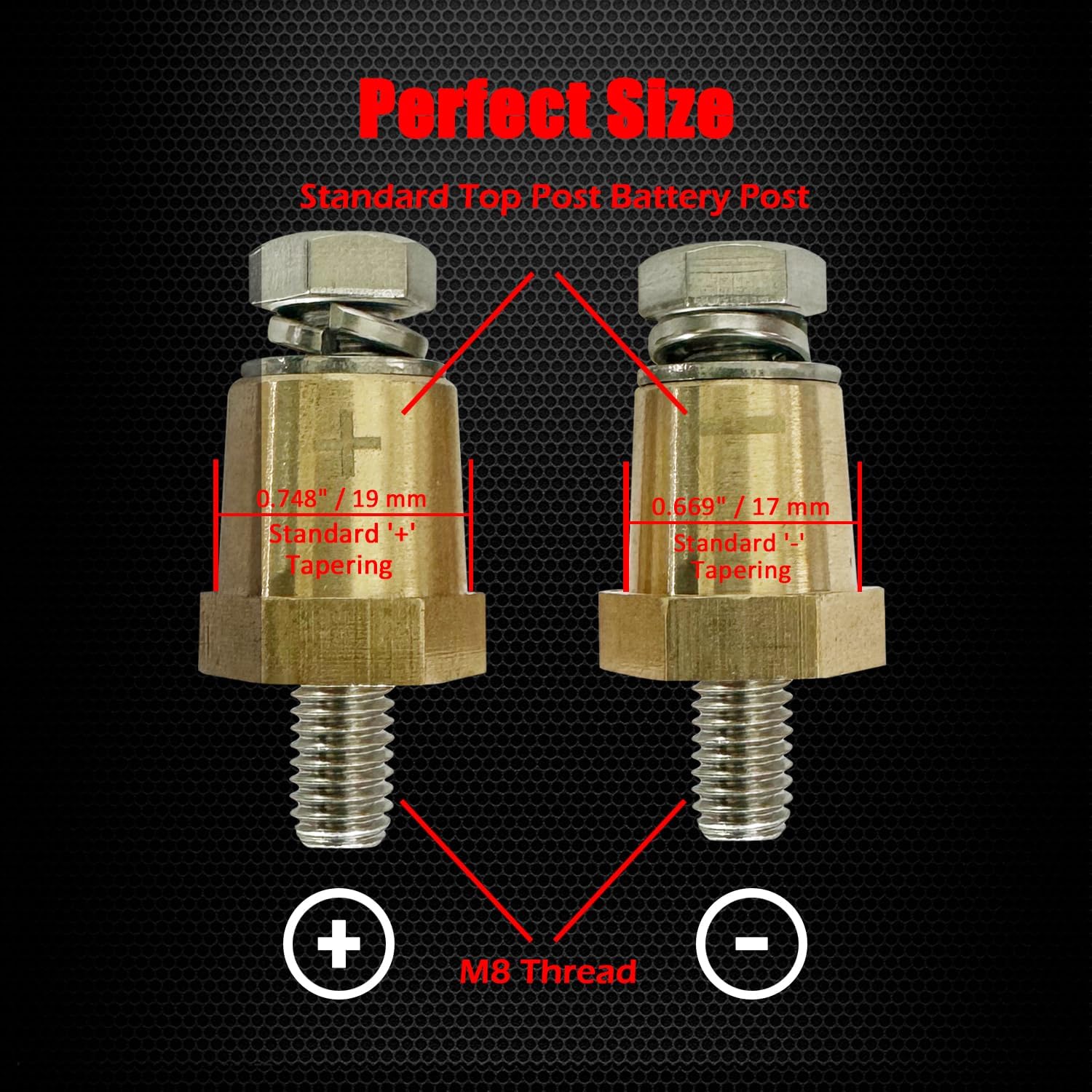 M8 Thread Brass Battery Terminal Charging Posts, Battery Post Adapter (+/-) with Solid M8 Bolts as Male Posts Direct to Battery, Pack of 2 - Image 2