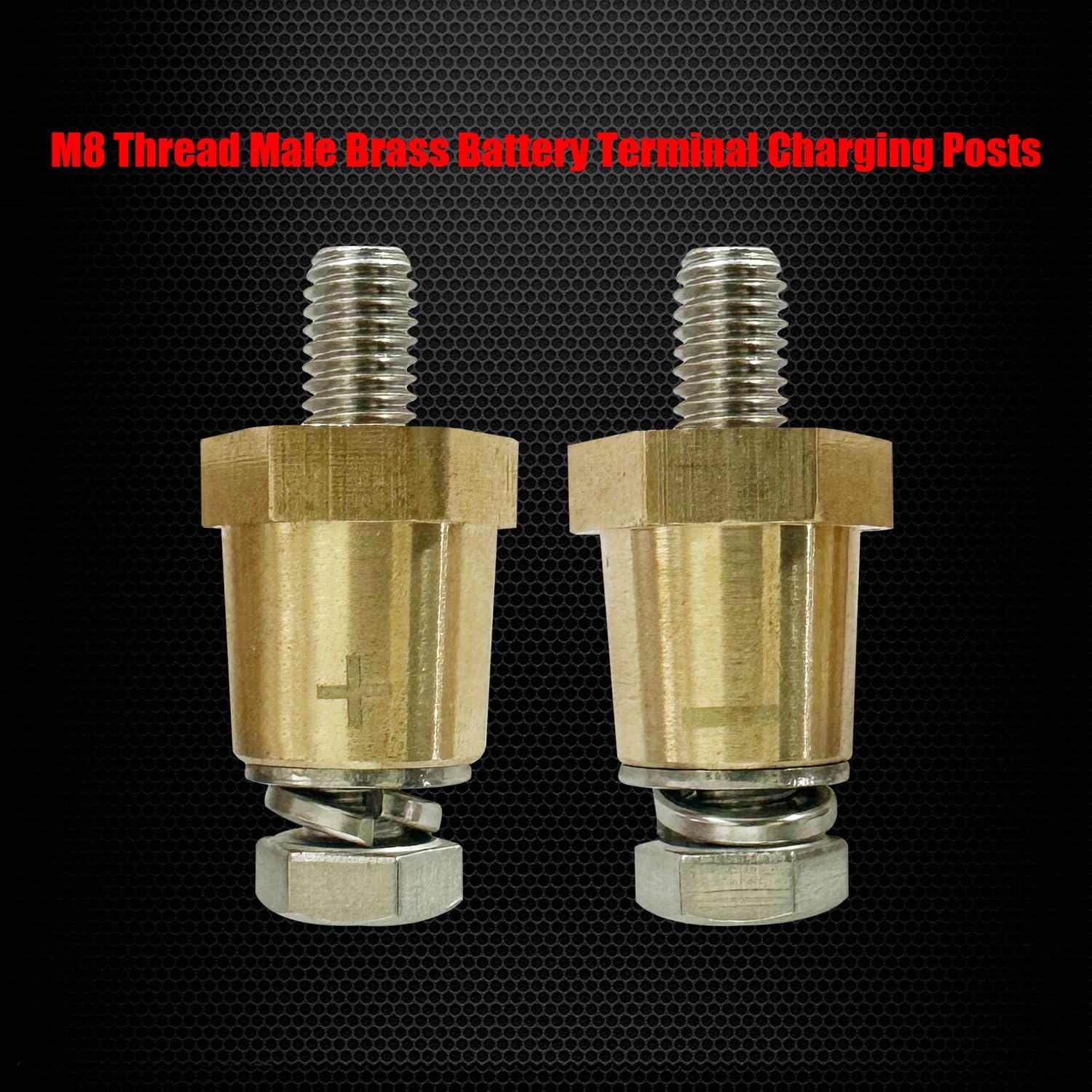 M8 Thread Brass Battery Terminal Charging Posts, Battery Post Adapter (+/-) with Solid M8 Bolts as Male Posts Direct to Battery, Pack of 2 - Image 3