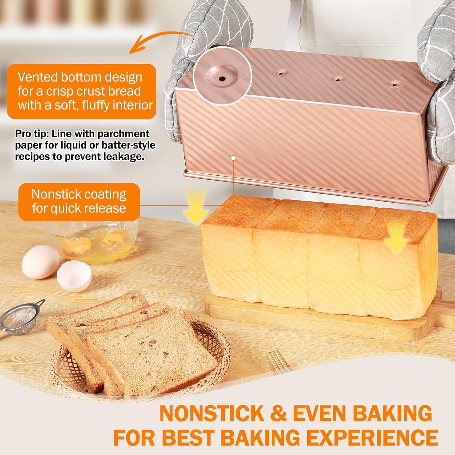 Pullman Loaf Pan with Lid, 13x4 inch, Premium 2.2LB Nonstick Sandwich Bread Loaf Pan for Homemade Sourdough Bread, Heavy Duty Carbon Steel Corrugated Toast Box with Cover for Baking, Bakeware - Image 3