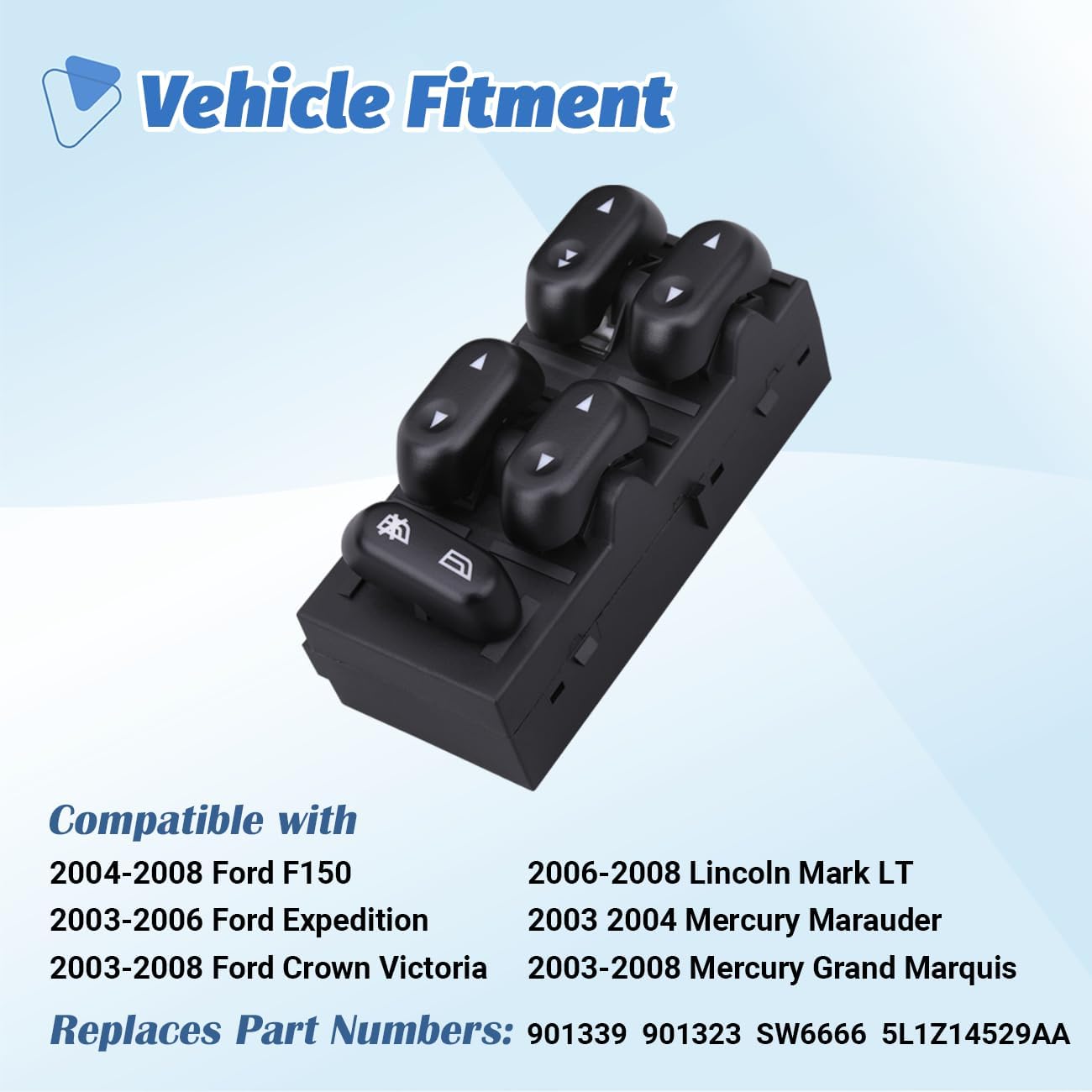 Power Window Control Switch Master Door Button Compatible with 2003-2008 Ford Crown Victoria/F150/Expedition, 06-08 Lincoln Mark LT, 03-08 Mercury Grand Marquis/Marauder Replace OEM 5L1Z14529AA - Image 2