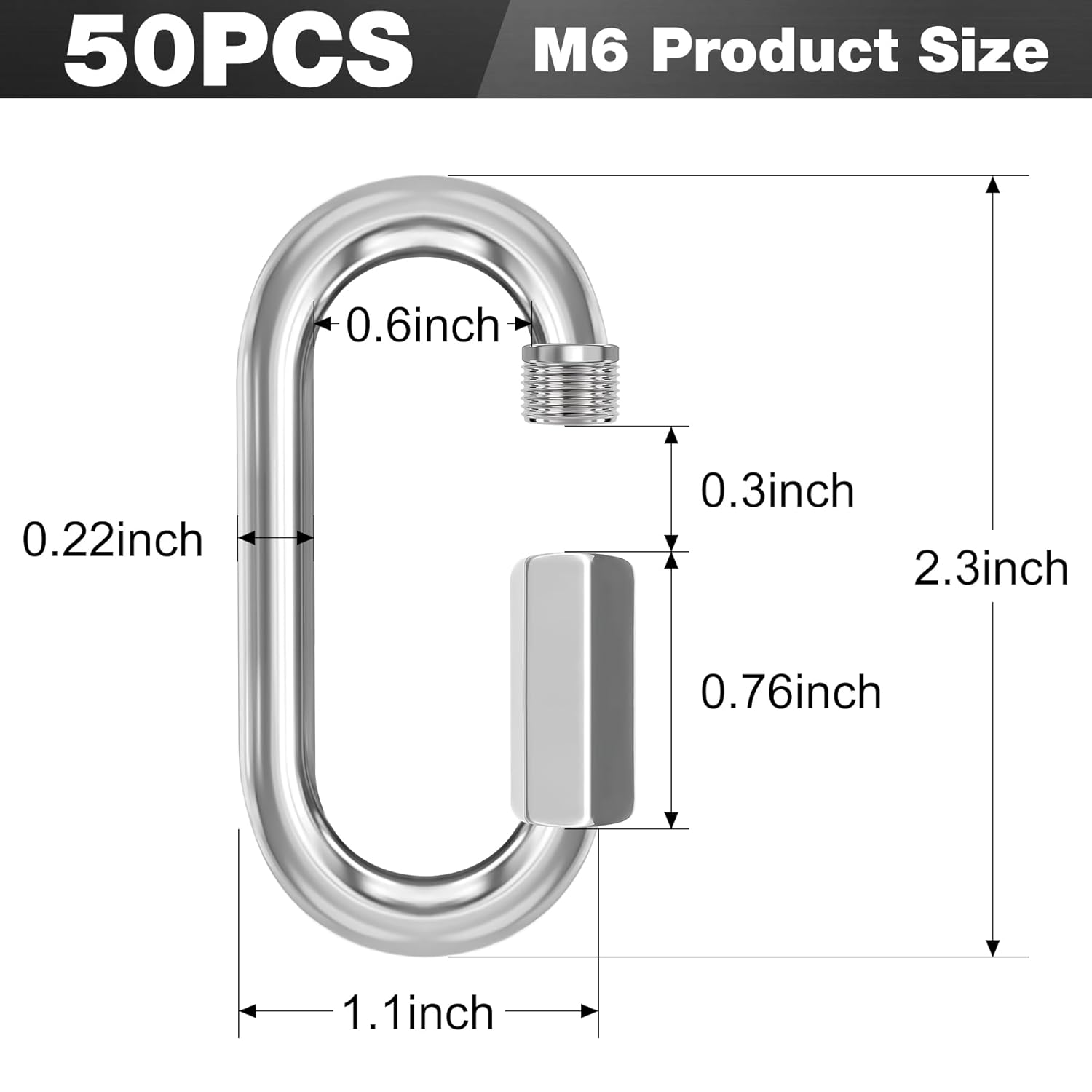 M6-50 Pack 2.3” Quick Links Chain Connectors, 1/4″ Galvanized Chain Locking Hooks, 620LBS Heavy Duty Thread Quick Link Clips, Twist Oval Keychain D Shape for Swing, Backpack, Key Ring - Image 2