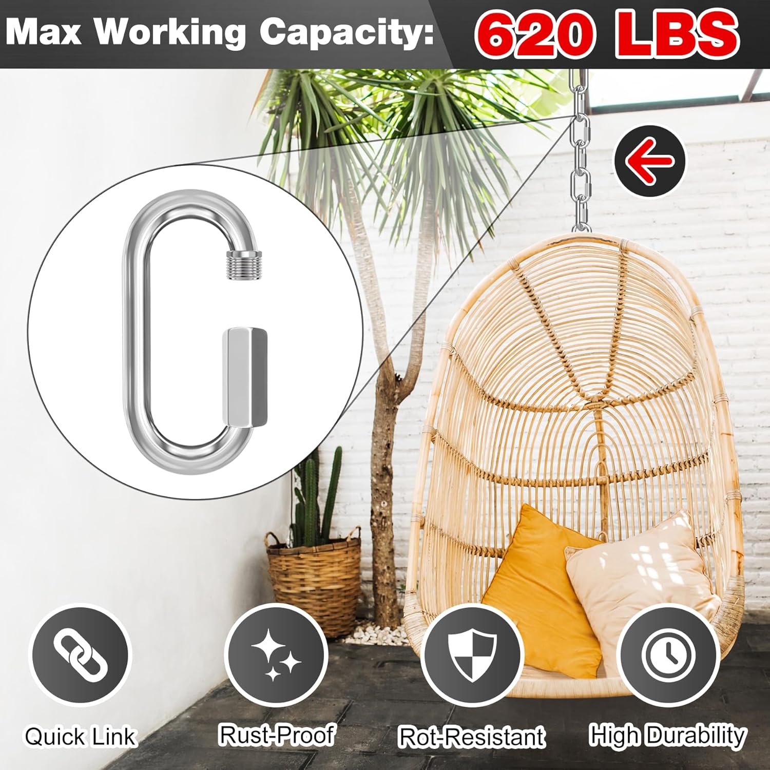 M6-50 Pack 2.3” Quick Links Chain Connectors, 1/4″ Galvanized Chain Locking Hooks, 620LBS Heavy Duty Thread Quick Link Clips, Twist Oval Keychain D Shape for Swing, Backpack, Key Ring - Image 3