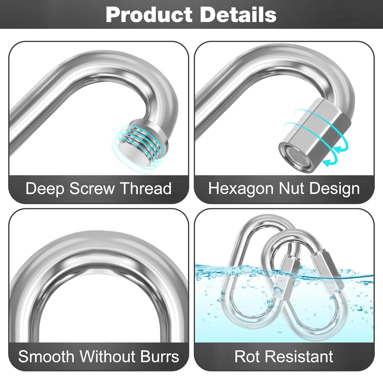 M6-50 Pack 2.3” Quick Links Chain Connectors, 1/4″ Galvanized Chain Locking Hooks, 620LBS Heavy Duty Thread Quick Link Clips, Twist Oval Keychain D Shape for Swing, Backpack, Key Ring - Image 4