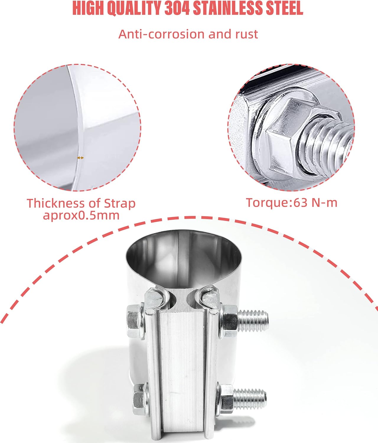 Zlirfy Stainless Steel Exhaust Clamp Band, Universal Widening Butt Joint Clamp, Fit for 2.5