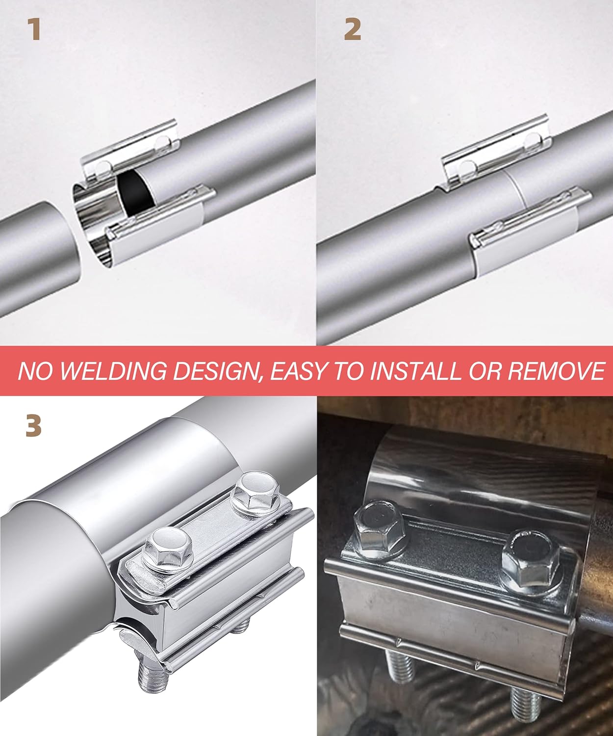 Zlirfy Stainless Steel Exhaust Clamp Band, Universal Widening Butt Joint Clamp, Fit for 2.5