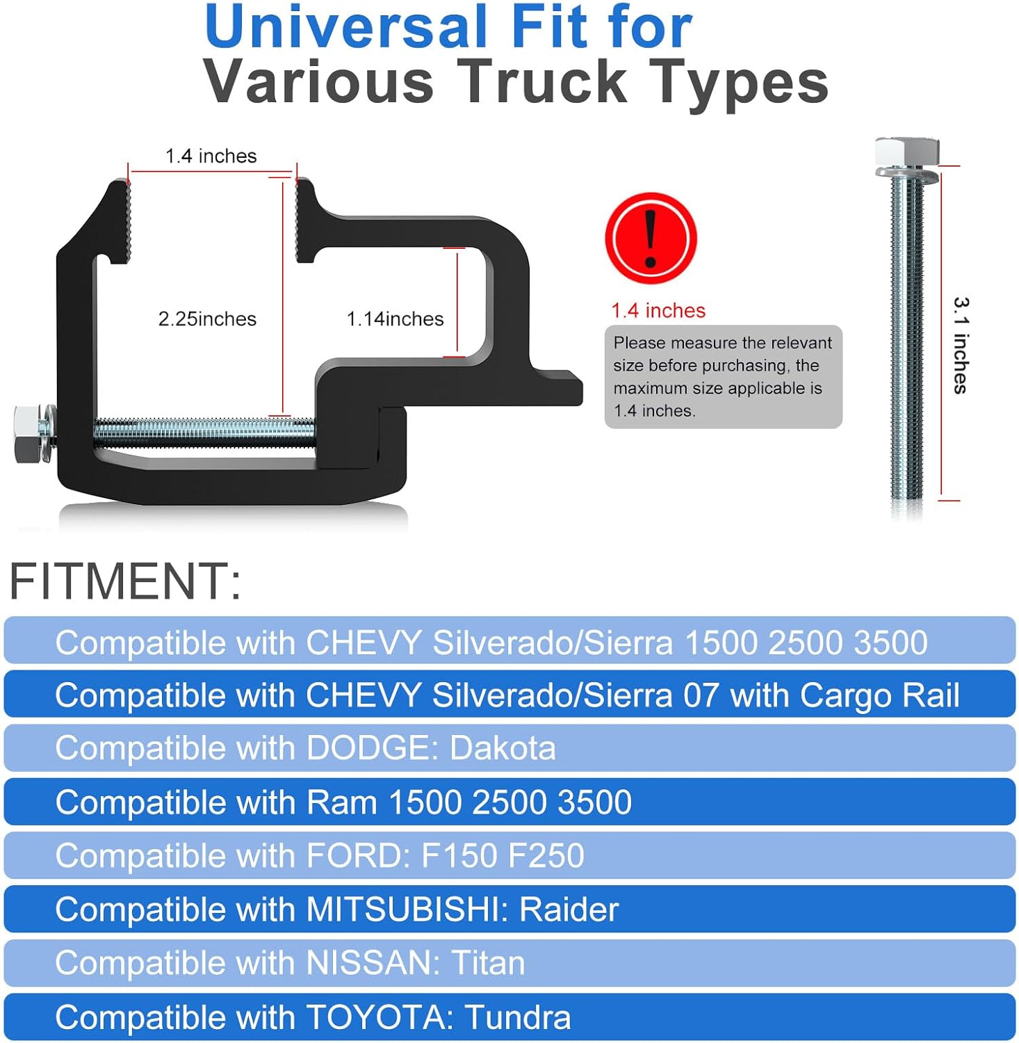 Heavy Duty Camper Shell Clamps - Truck Topper Ladder Rack Clamps for Dodge Dakota Ram 1500 2500 3500, F150 F250, Titan, Tundra (4 Pack) - Image 2