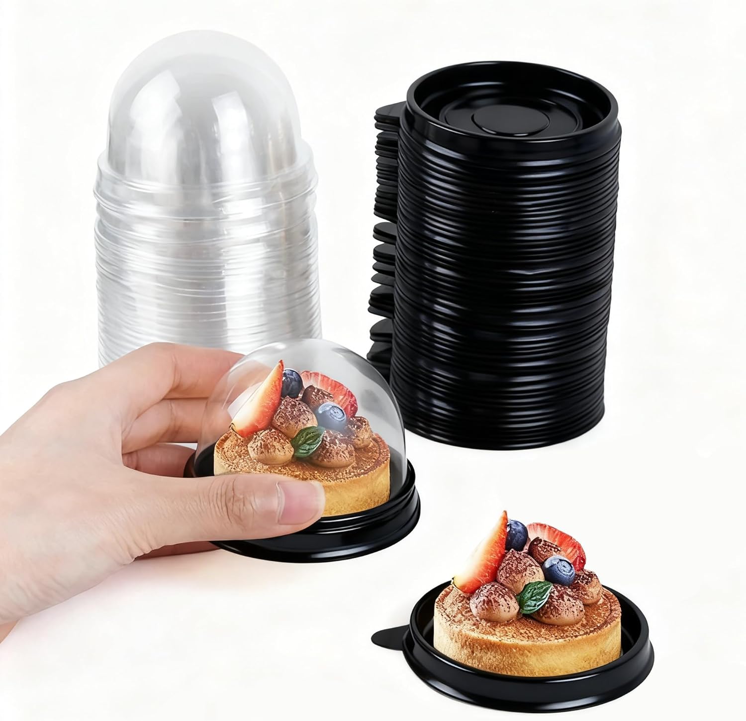 50Pcs Clear Plastic Mini Cake Box with Dome Lids, Mini Muffin Container Box Mooncake Dome Box Pastry Baking Packaging Boxes Wedding Birthday Gifts Supplies (Black Base) - Image 1