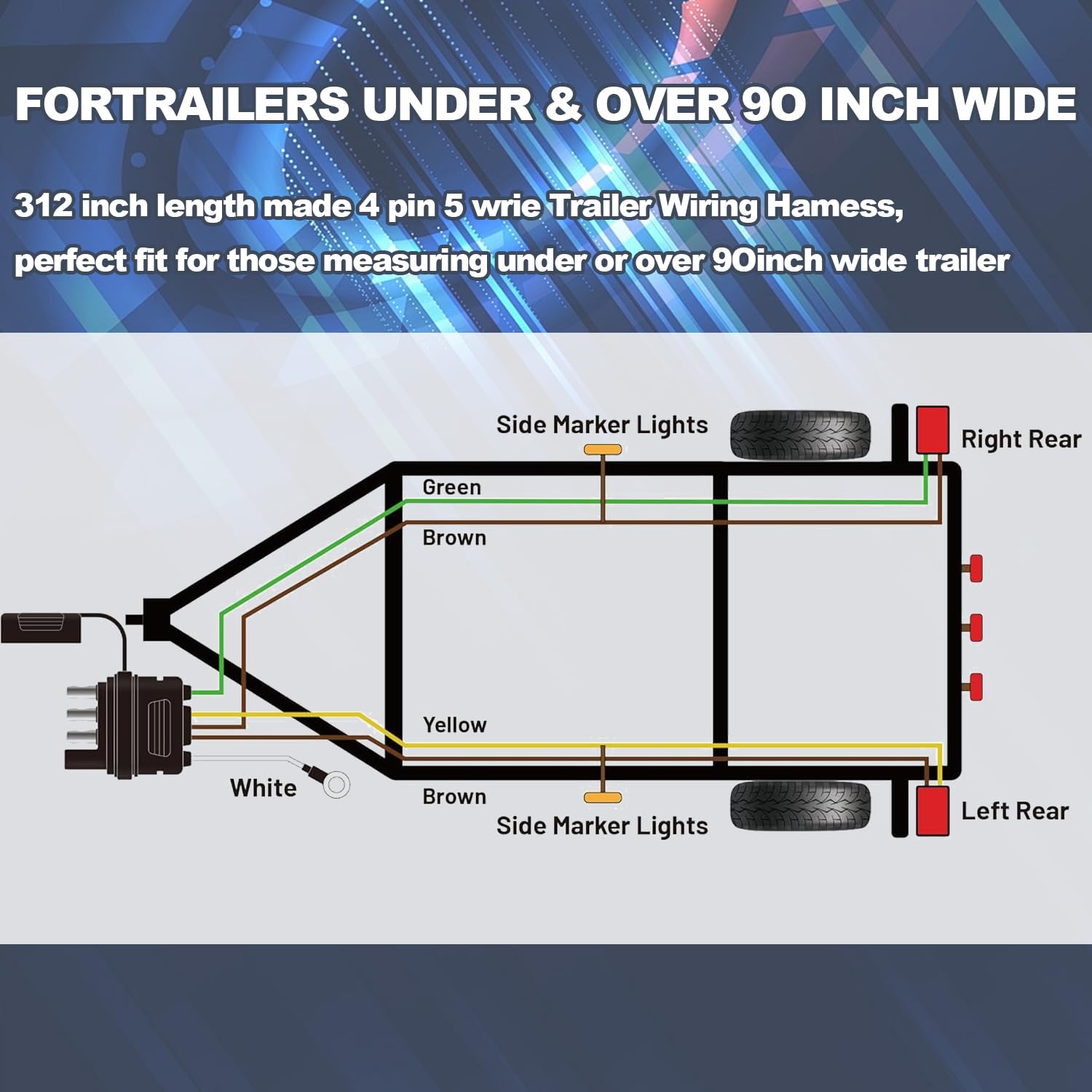 26FT Trailer Wiring Harness Kit, 4 Pin 5 Wire Trailer Wiring Harness, Boat Trailer Wiring Harness, 5 Wire 4 Pin Flat Trailer Connector, for Connection of Tail Lights, Brake Lights and Turn Signals - Image 4
