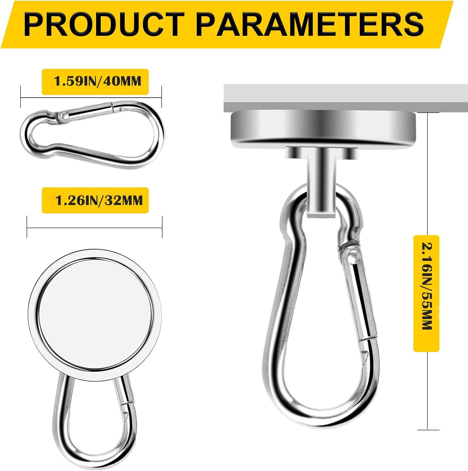 Magnetic Hooks, 110LBS Strong Heavy Duty Neodymium Magnet Hooks with Swivel Carabiner Hook,Great for Your Refrigerator and Other Magnetic Surfaces, Pack of 7 - Image 2