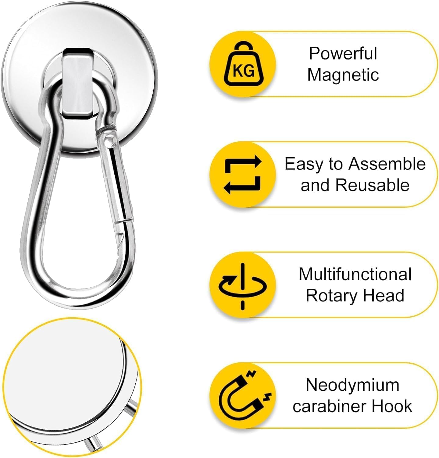 Magnetic Hooks, 110LBS Strong Heavy Duty Neodymium Magnet Hooks with Swivel Carabiner Hook,Great for Your Refrigerator and Other Magnetic Surfaces, Pack of 7 - Image 3