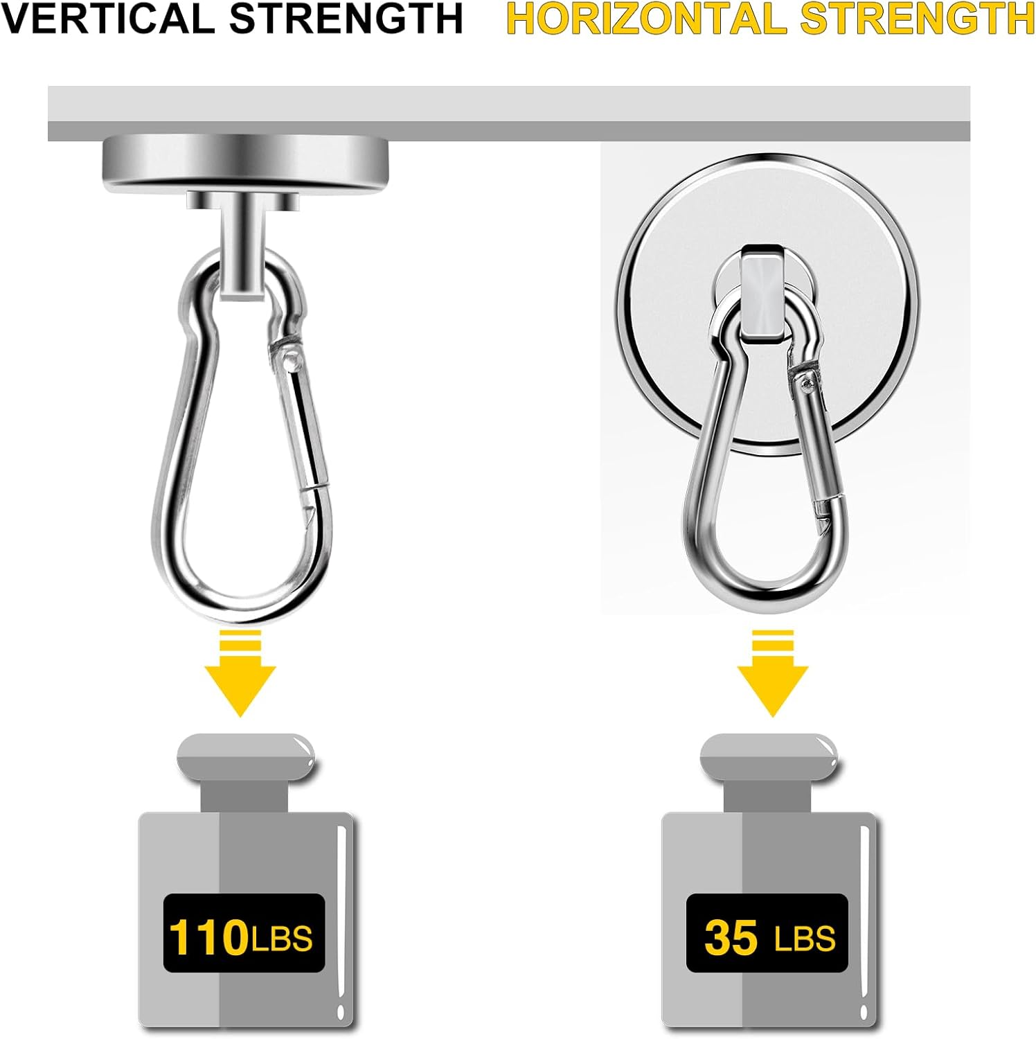 Magnetic Hooks, 110LBS Strong Heavy Duty Neodymium Magnet Hooks with Swivel Carabiner Hook,Great for Your Refrigerator and Other Magnetic Surfaces, Pack of 7 - Image 4