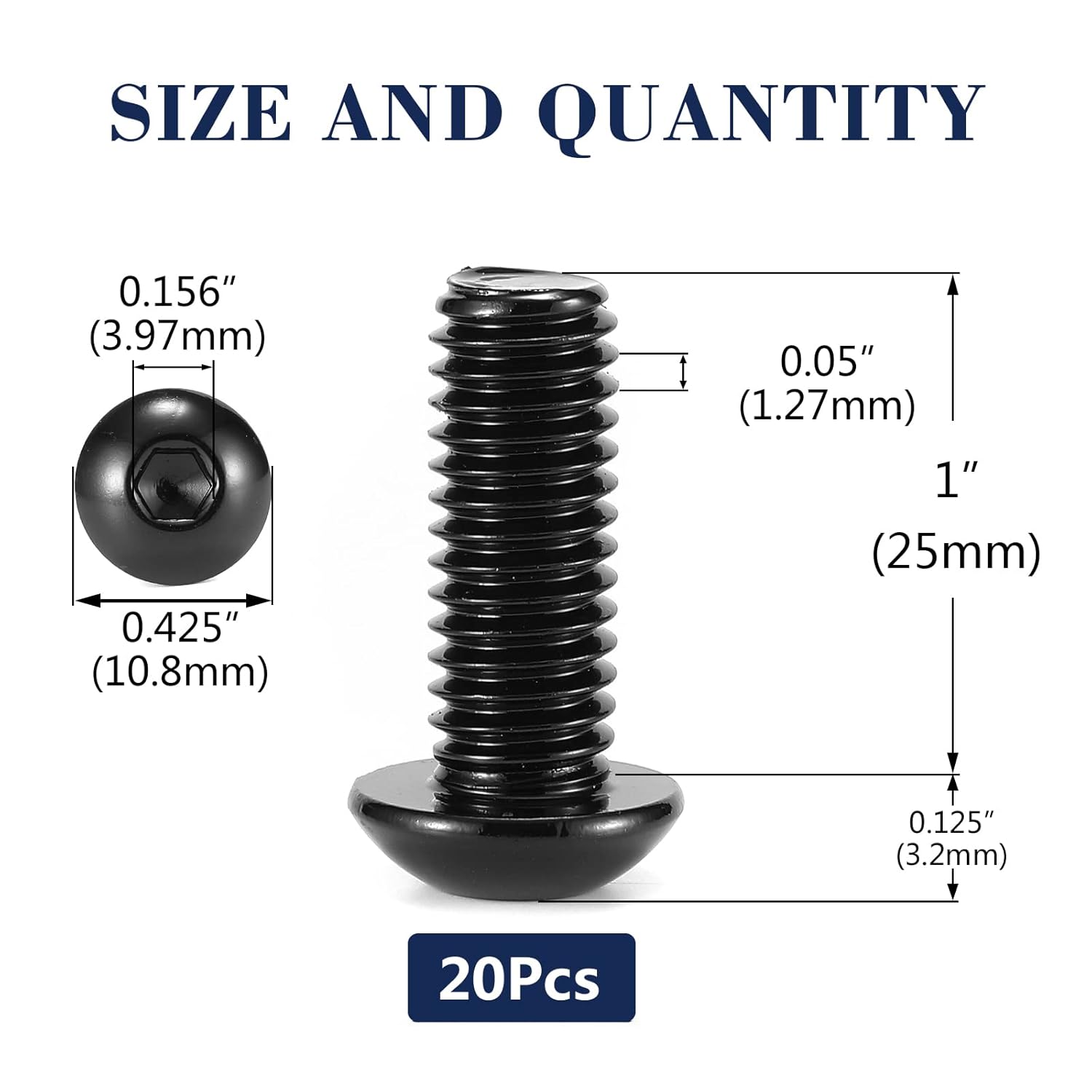 1/4-20 x 1 Button Head Socket Cap Bolts Screws, 20Pcs 304 Stainless Steel 18-8, Allen Hex Drive, Black Oxide by (with Hex Spanner) - Image 2