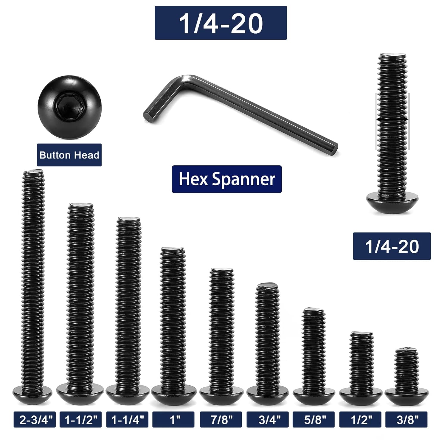 1/4-20 x 1 Button Head Socket Cap Bolts Screws, 20Pcs 304 Stainless Steel 18-8, Allen Hex Drive, Black Oxide by (with Hex Spanner) - Image 3