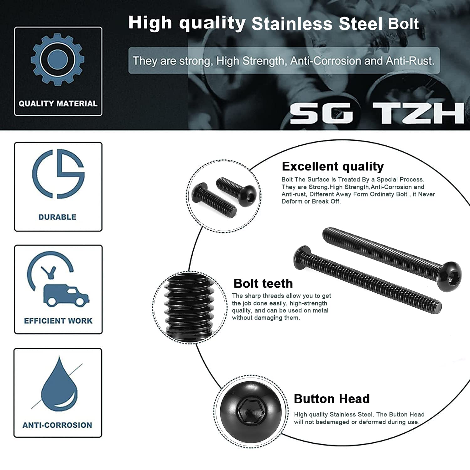 1/4-20 x 1 Button Head Socket Cap Bolts Screws, 20Pcs 304 Stainless Steel 18-8, Allen Hex Drive, Black Oxide by (with Hex Spanner) - Image 4