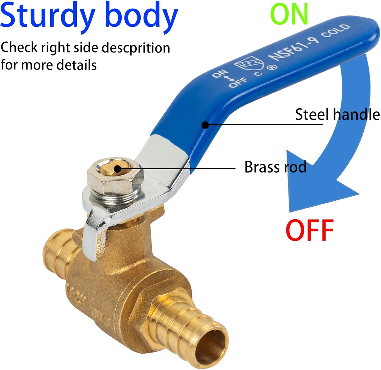 2 Pieces 1/2 Inch Pex Brass Full Port Shut Off Ball Valve HOT AND COLD, Quarter Turn HOT (RED) COLD (BLUE) of Brass Water Stop Shutt off, 1 Piece each - Image 3