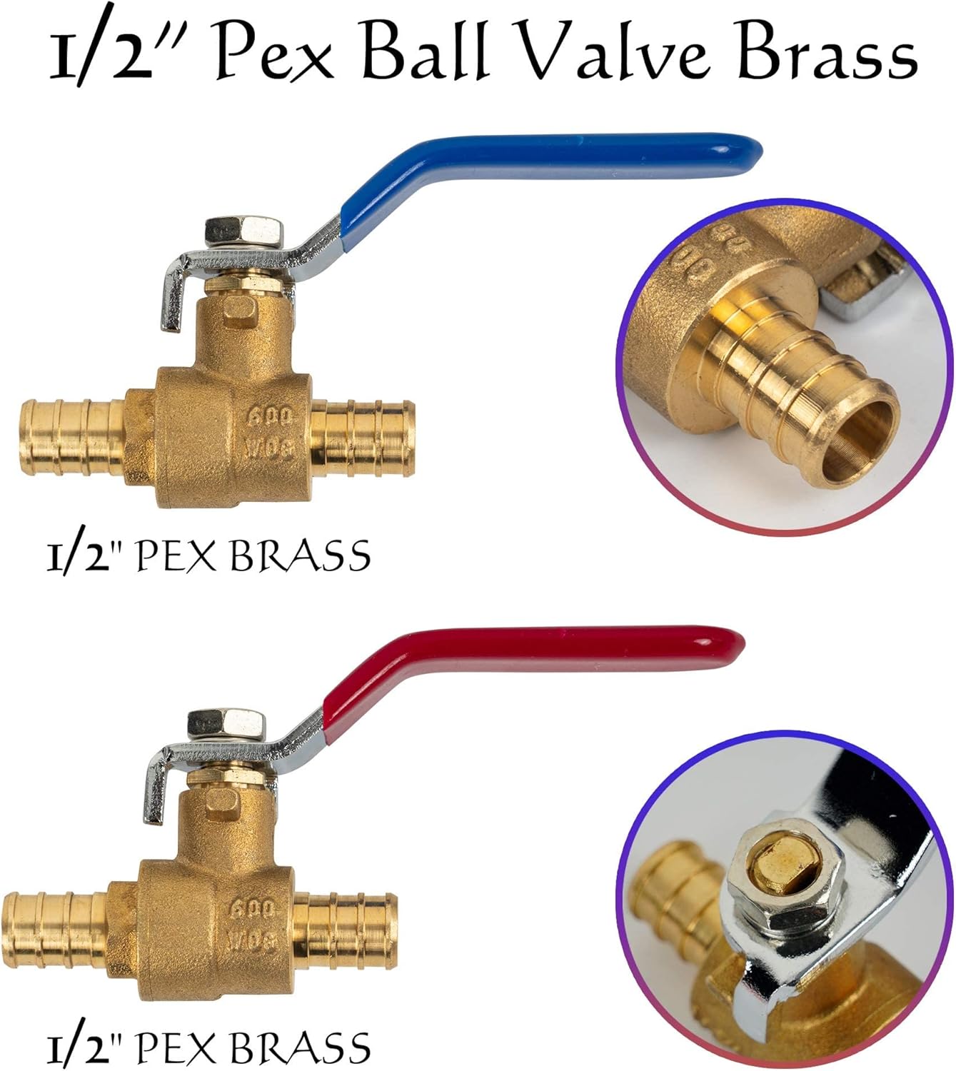 2 Pieces 1/2 Inch Pex Brass Full Port Shut Off Ball Valve HOT AND COLD, Quarter Turn HOT (RED) COLD (BLUE) of Brass Water Stop Shutt off, 1 Piece each - Image 5
