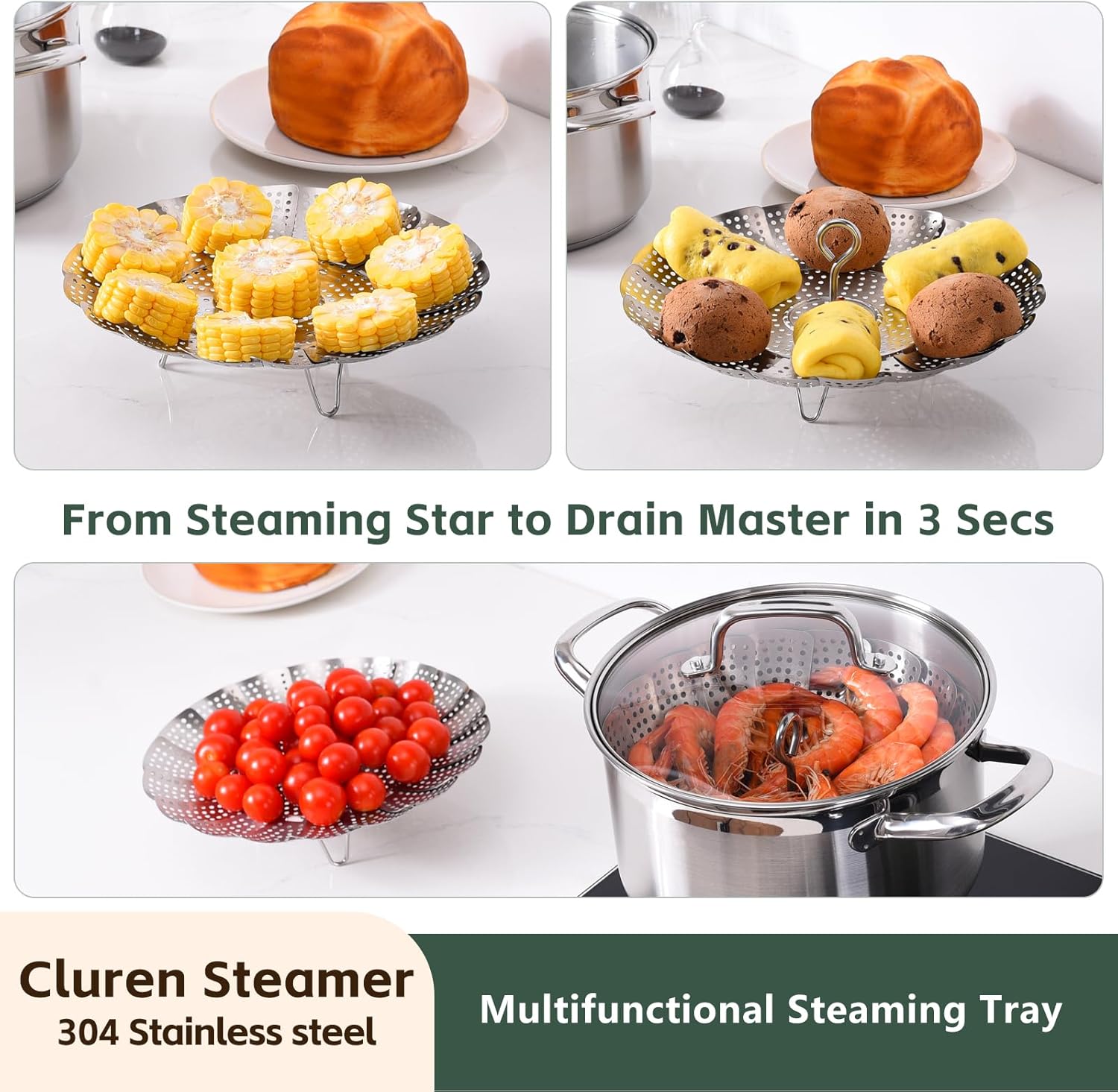 Steamer Basket for Cooking 304 Stainless Steel Entirely Thickened,Collapsible Steamer Insert for Pots, Fits Instant Pot/Skillets (5.5'' To 9.5'') - Image 2