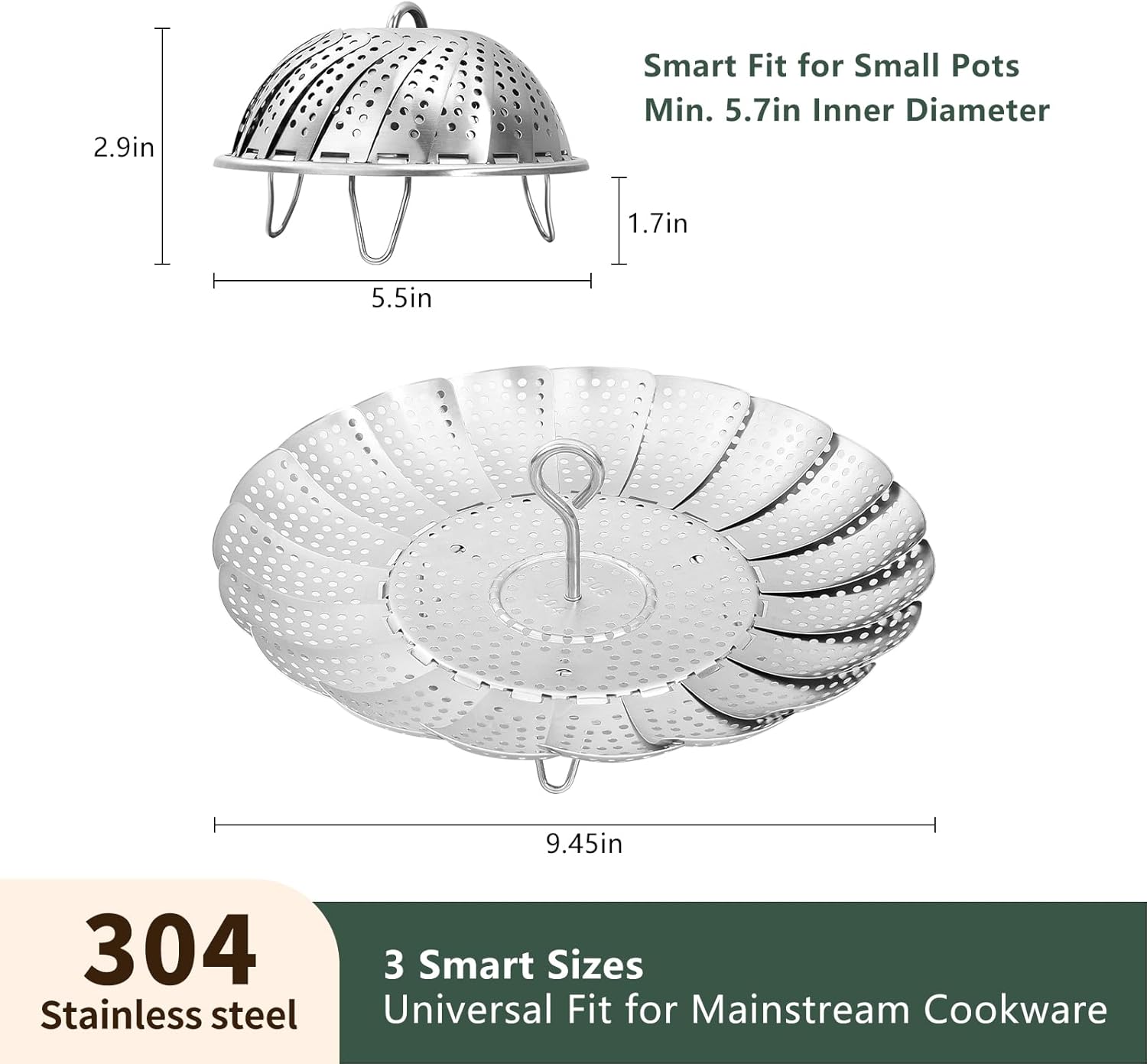 Steamer Basket for Cooking 304 Stainless Steel Entirely Thickened,Collapsible Steamer Insert for Pots, Fits Instant Pot/Skillets (5.5'' To 9.5'') - Image 3