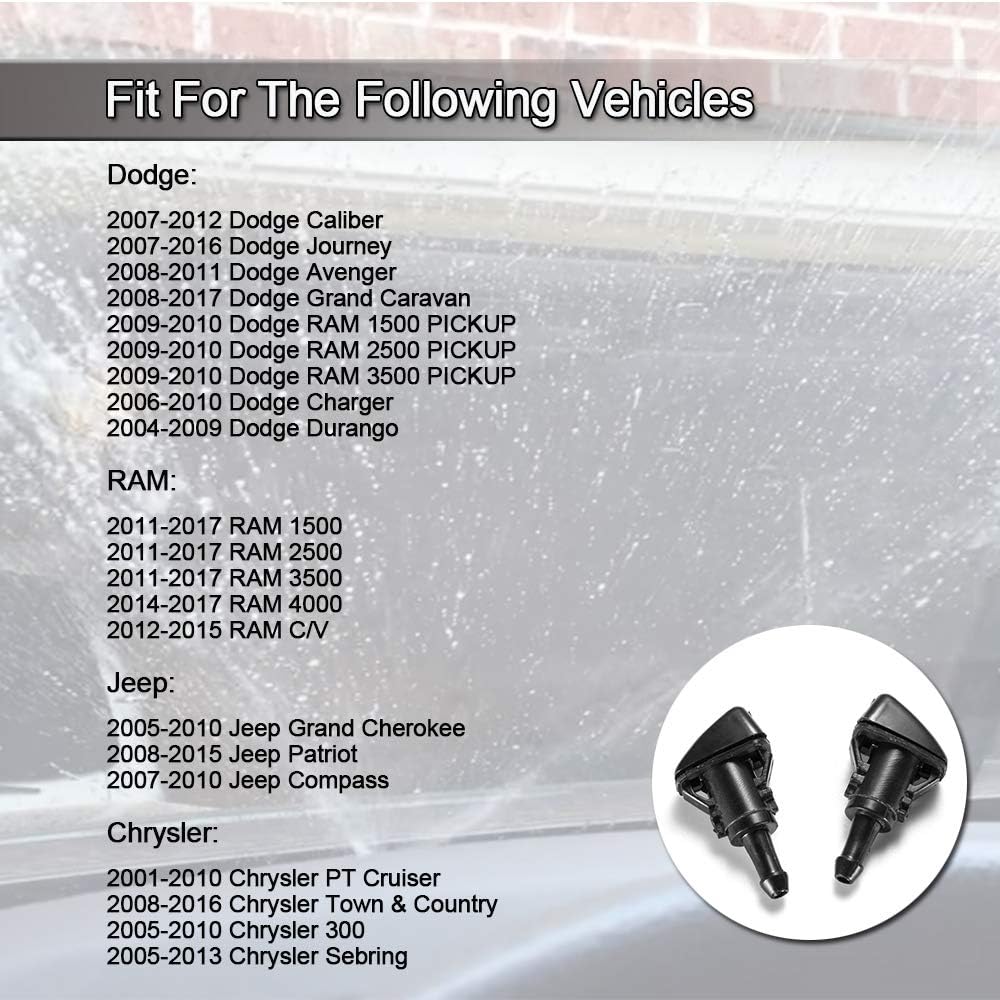 Front Windshield Washer Nozzles Wiper Spray Kit- For: Dodge, Ram, Jeep - Replaces OEM #: 4805742AB, 5116079AA - Image 5