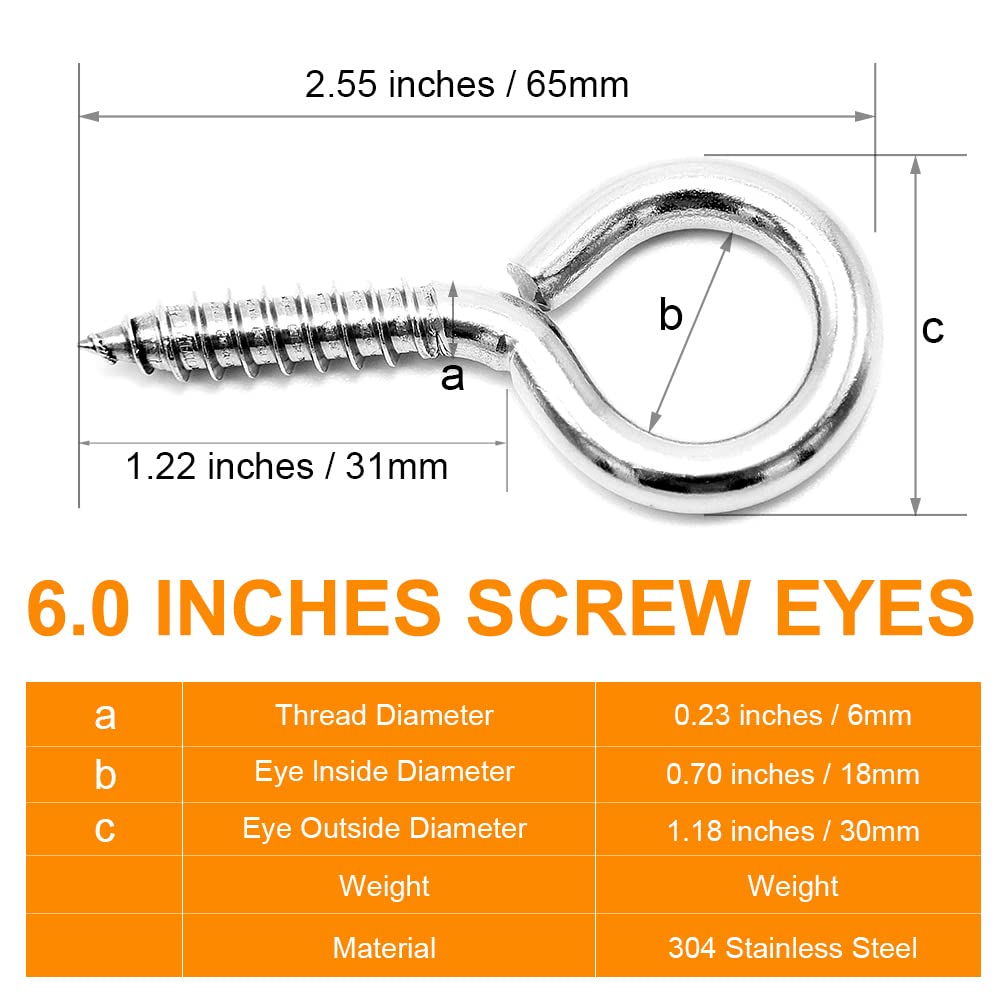 6 Pcs M6 304 Stainless Steel Screw Eye Hooks, 2-1/2 Inches Eyes Screw Hooks,Heavy Duty Screw Eye Bolt,Load Bearing 200LB,Indoor & Outdoor Use - Image 2