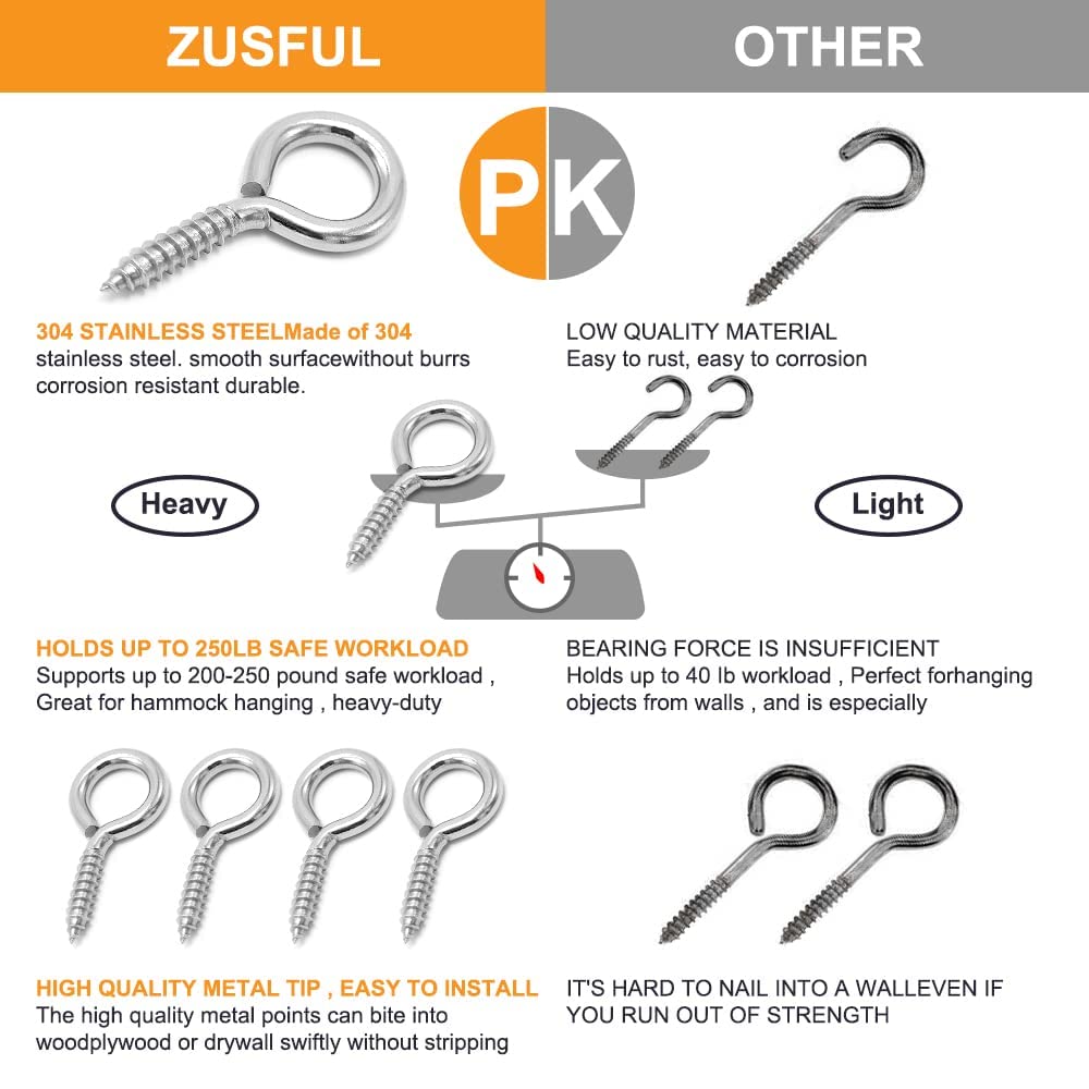 6 Pcs M6 304 Stainless Steel Screw Eye Hooks, 2-1/2 Inches Eyes Screw Hooks,Heavy Duty Screw Eye Bolt,Load Bearing 200LB,Indoor & Outdoor Use - Image 3