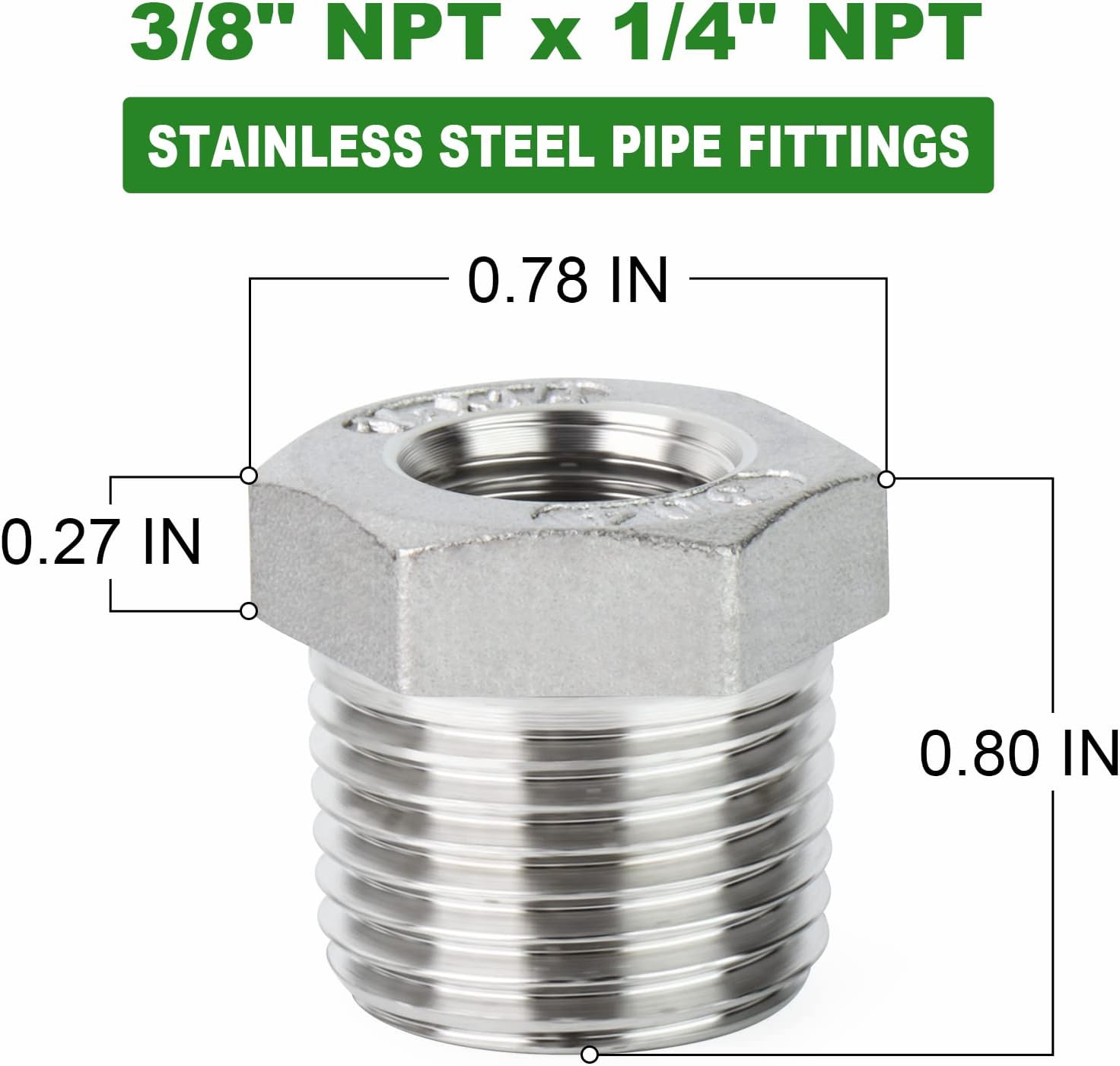 10PCS 304 Stainless Steel Reducer Hex Bushing, 3/8