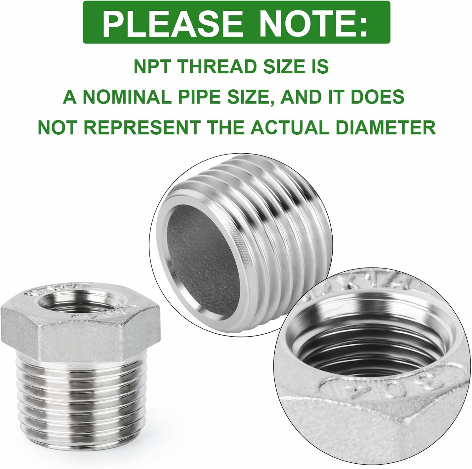 10PCS 304 Stainless Steel Reducer Hex Bushing, 3/8