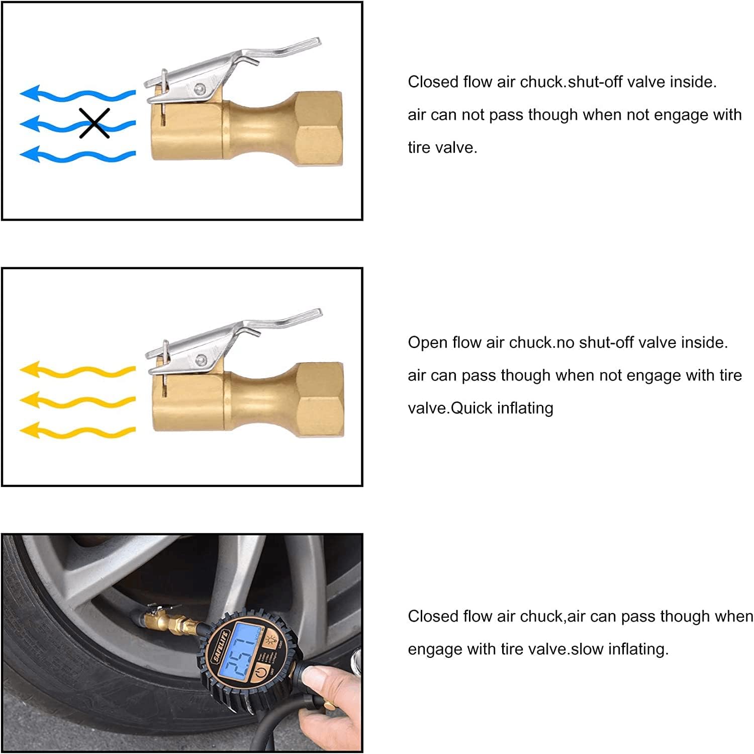 Brass Air Chuck Closed Flow Tire Chuck Heavy Duty Lock on Tire Inflator Chuck with Clip - Image 3