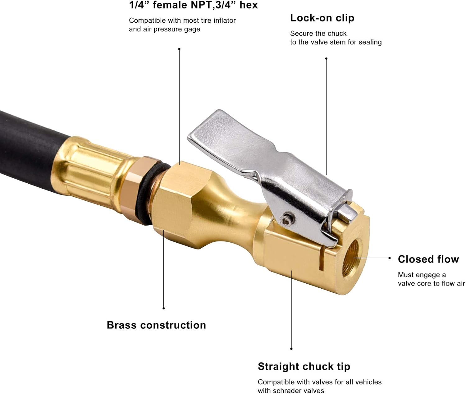 Brass Air Chuck Closed Flow Tire Chuck Heavy Duty Lock on Tire Inflator Chuck with Clip - Image 4