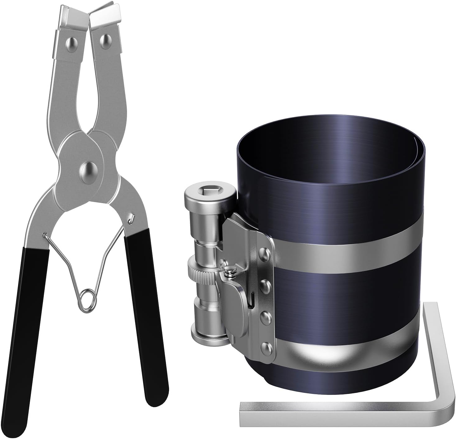 Piston Ring Compressor Tool,Car Engine Piston Ring Installer Removal Kit，Adjustable Sizes From 2-1/8 Inches To 7 Inches (53mm - 175mm) with Piston Installer Plier - Image 1