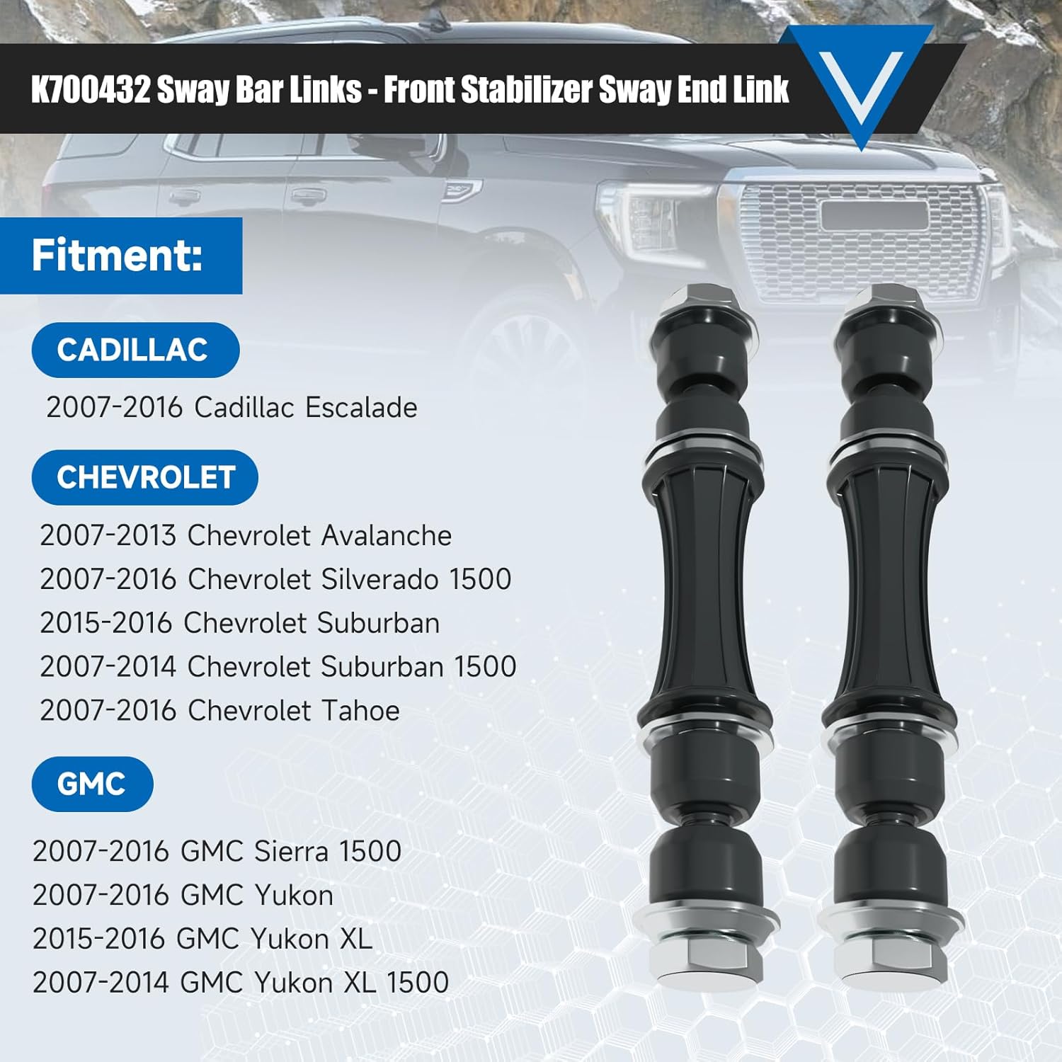 K700432 Sway Bar Links Fit For Escalade,Escalade ESV,Escalade EXT;Avalanche,Silverado 1500,Suburban,Suburban 1500,Tahoe; Sierra,Yukon,Yukon XL,Yukon XL 1500 2007-2016 Front Stabilizer End Link - Image 2