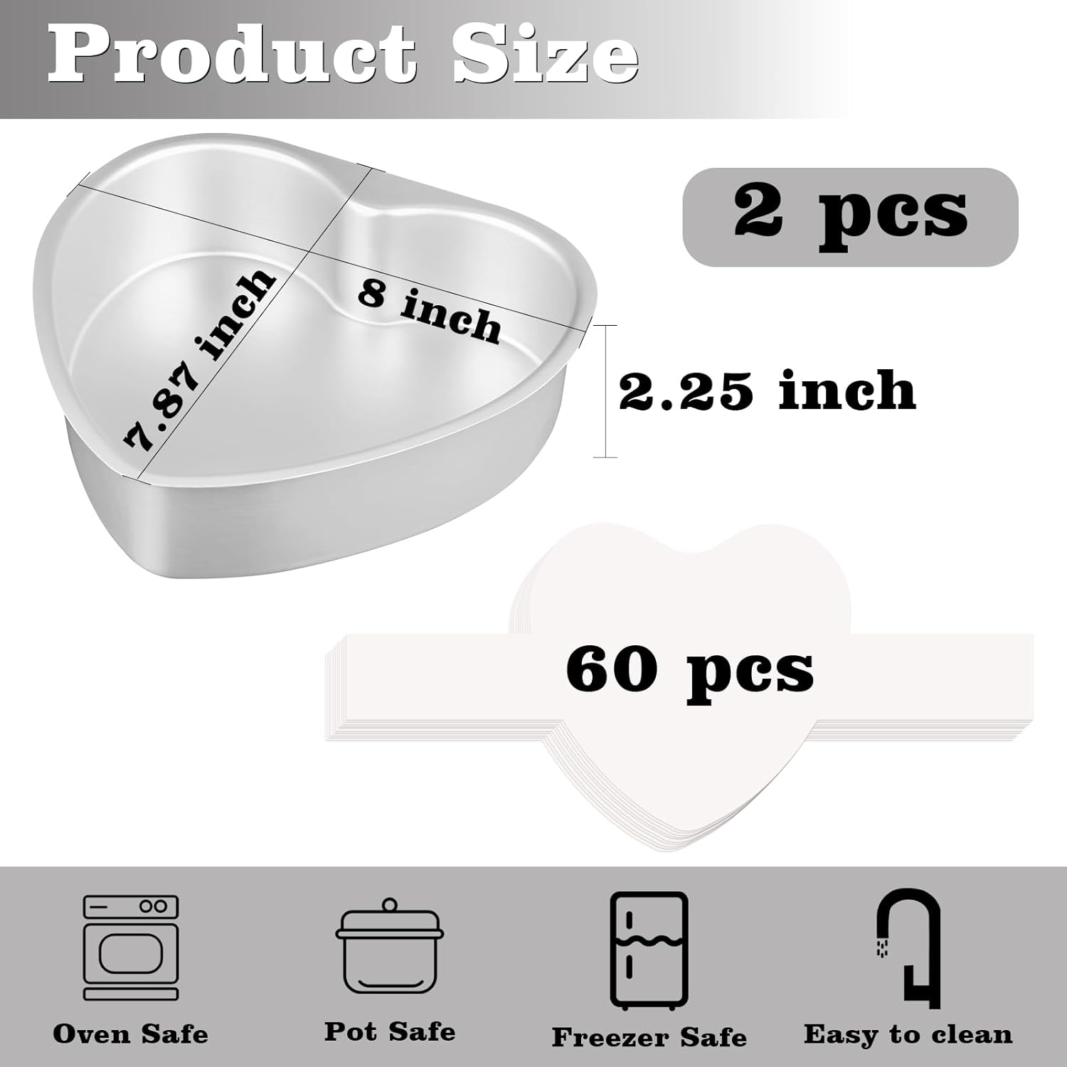 8 Inch Heart Cake Pan, Set of 2 Heart Shaped Cake Pans with 60 Pieces Parchment Paper, Non-stick Cake Baking Pans for Kitchen Birthday Wedding - Image 3