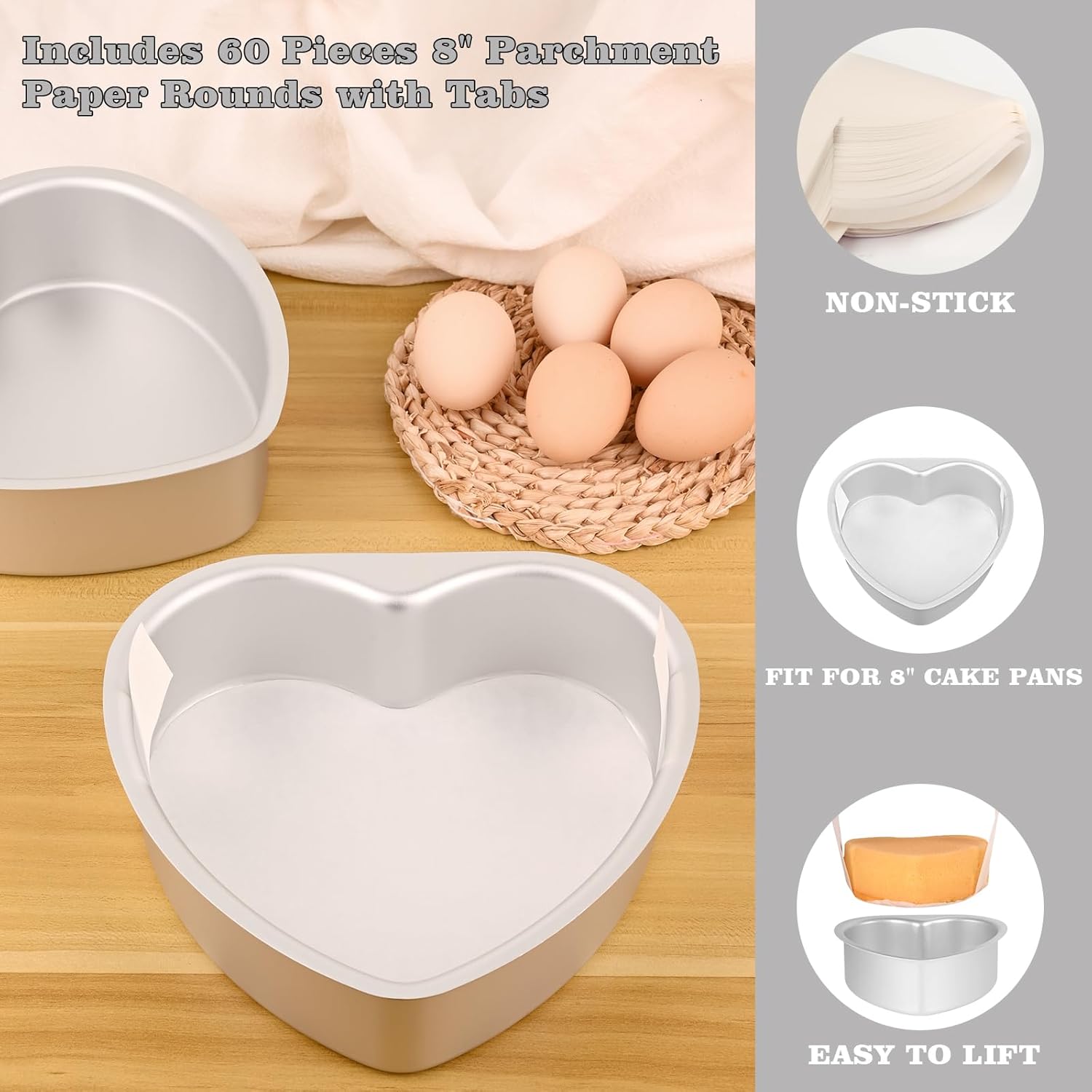 8 Inch Heart Cake Pan, Set of 2 Heart Shaped Cake Pans with 60 Pieces Parchment Paper, Non-stick Cake Baking Pans for Kitchen Birthday Wedding - Image 4