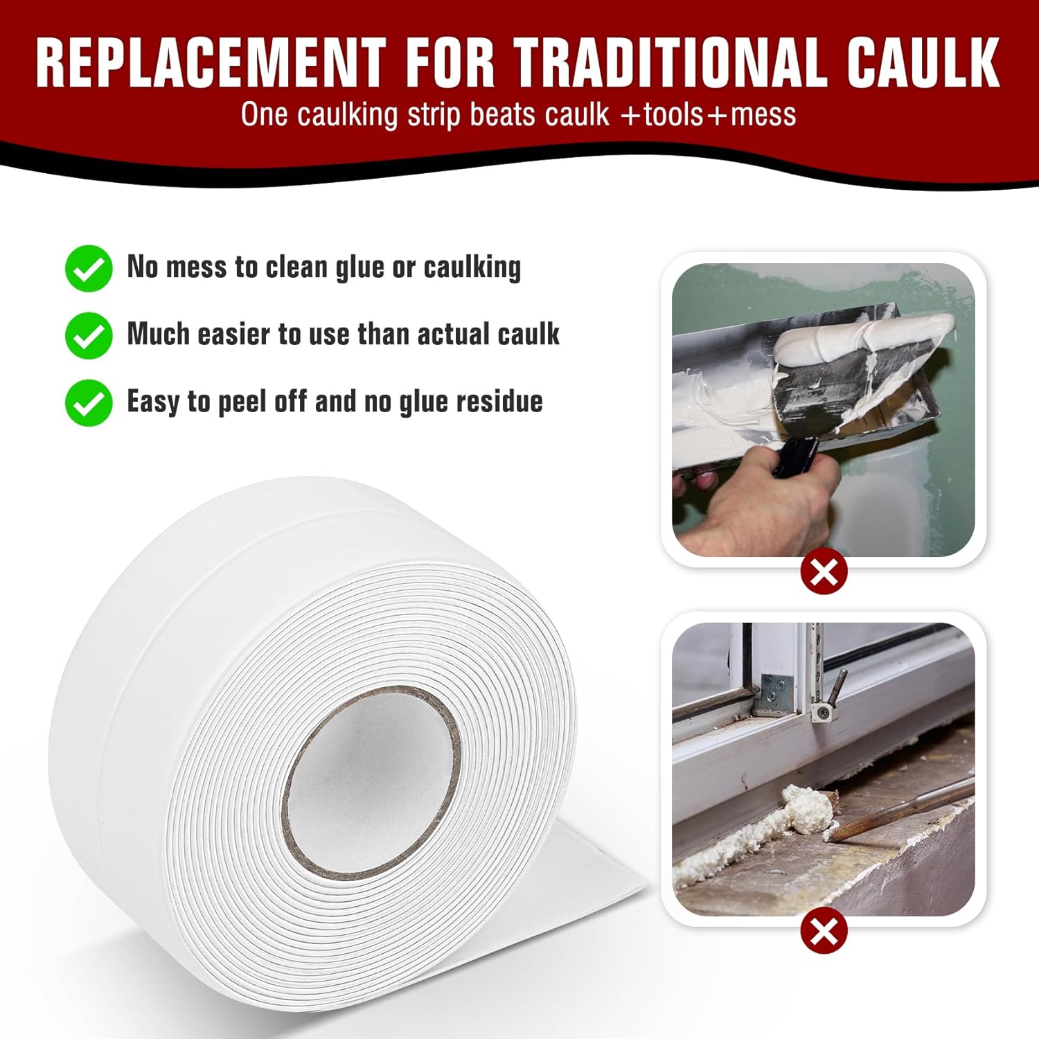 White Waterproof Caulk Tape, Self-Adhesive for Toilet, Tub, Kitchen, Corners,Bathroom Surfaces, Easy Application, 1-1/2 Inch x 10-1/2 Feet-1roll - Image 3