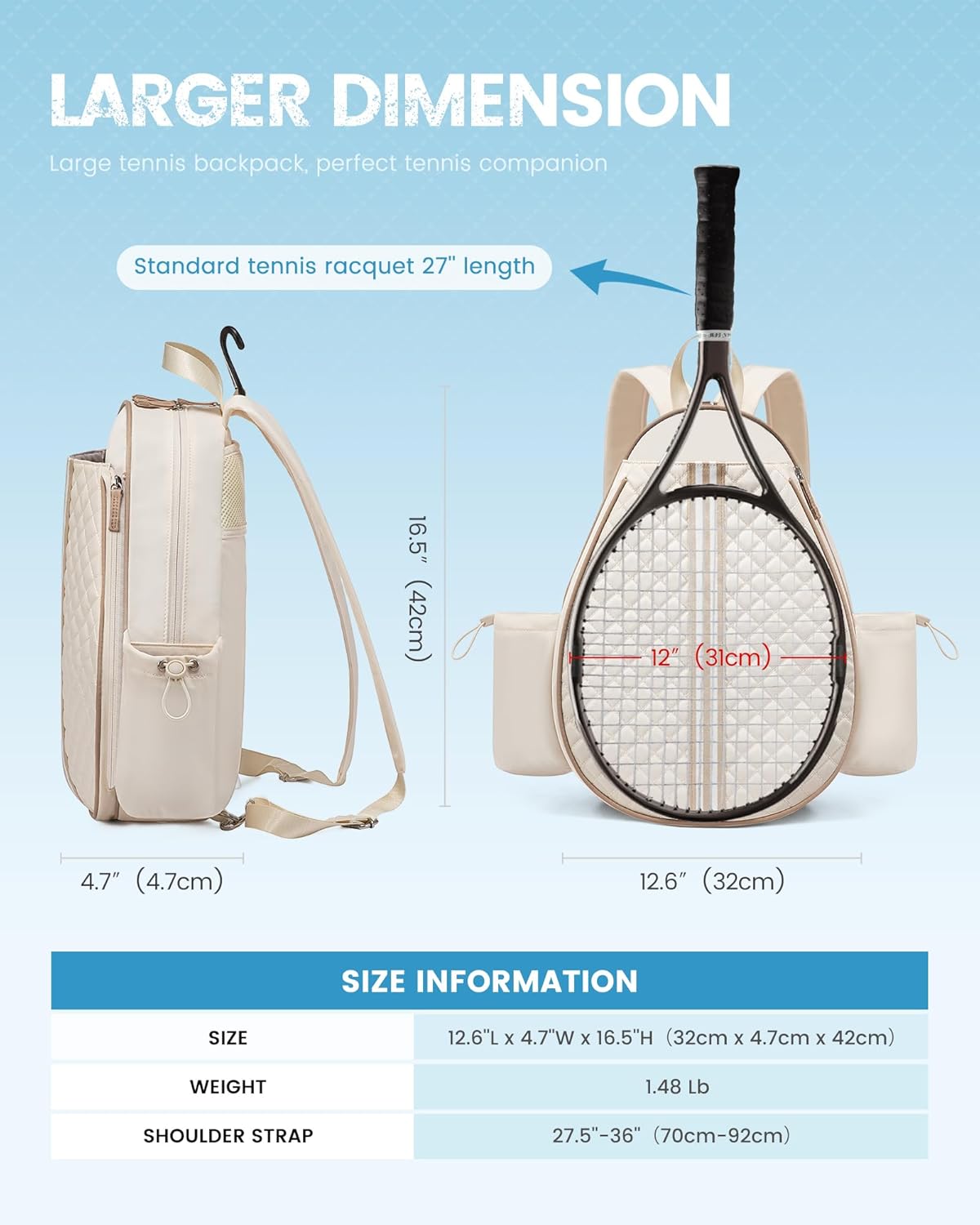 Tennis Bag, Quilted Tennis Sling Crossbody Backpack, Water Resistant Tennis Racket Bags for Women Men, Suitable for Pickleball Tennis Badminton - Image 3
