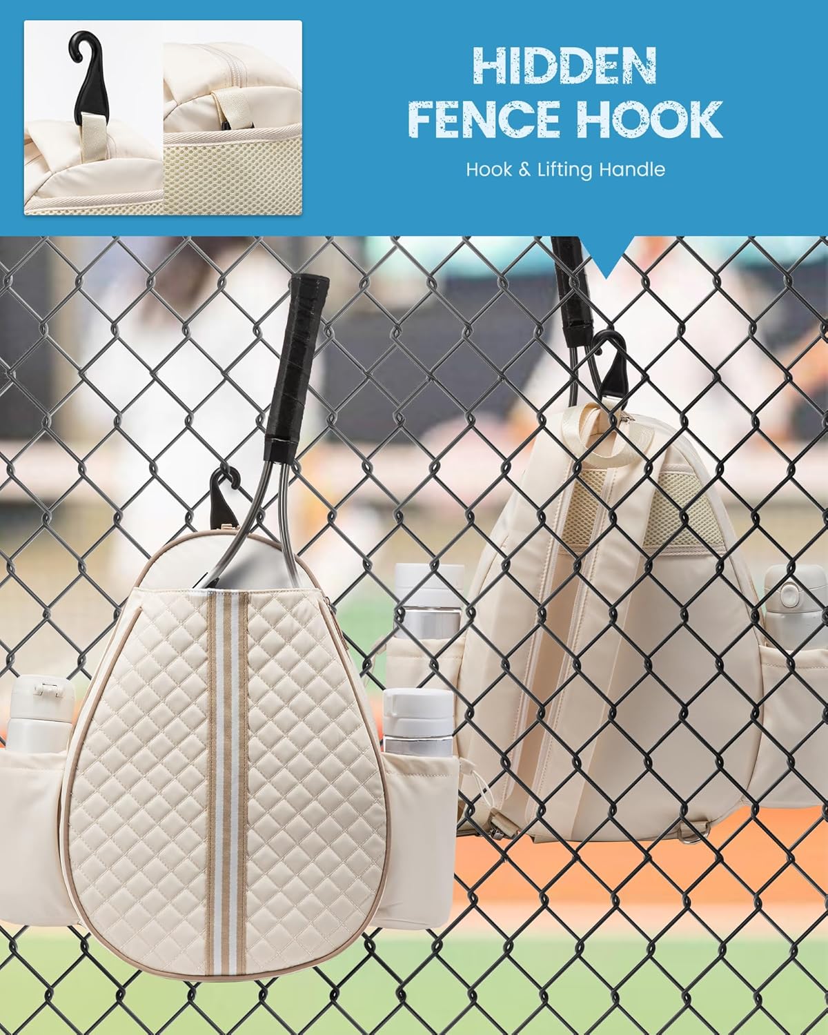 Tennis Bag, Quilted Tennis Sling Crossbody Backpack, Water Resistant Tennis Racket Bags for Women Men, Suitable for Pickleball Tennis Badminton - Image 8